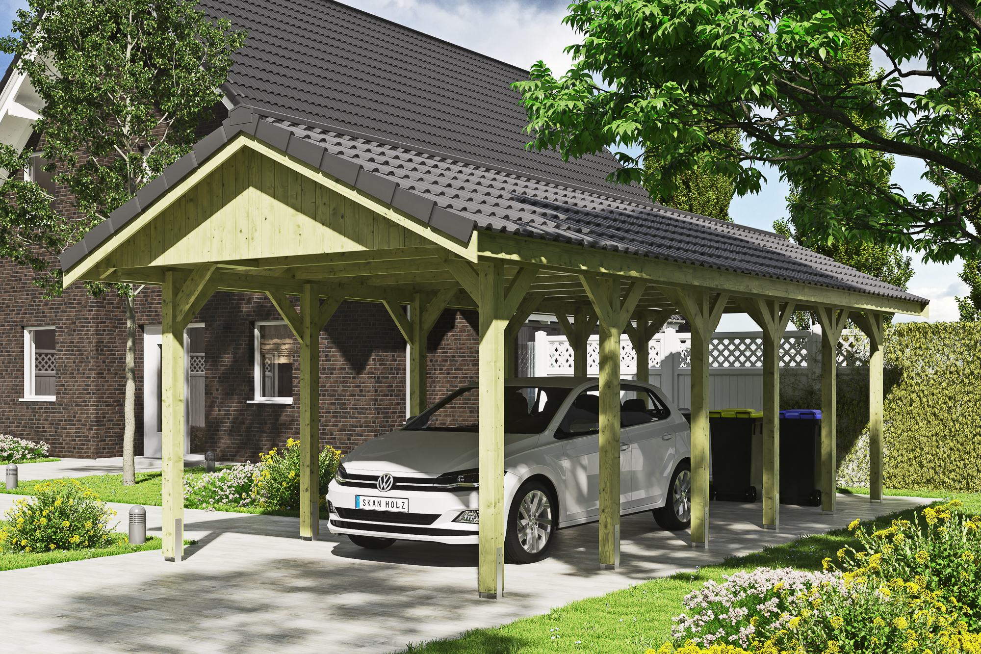 Ambientebild: Carport Wallgau 380 x 900 cm, mit Dachziegeln, grün imprägniert 