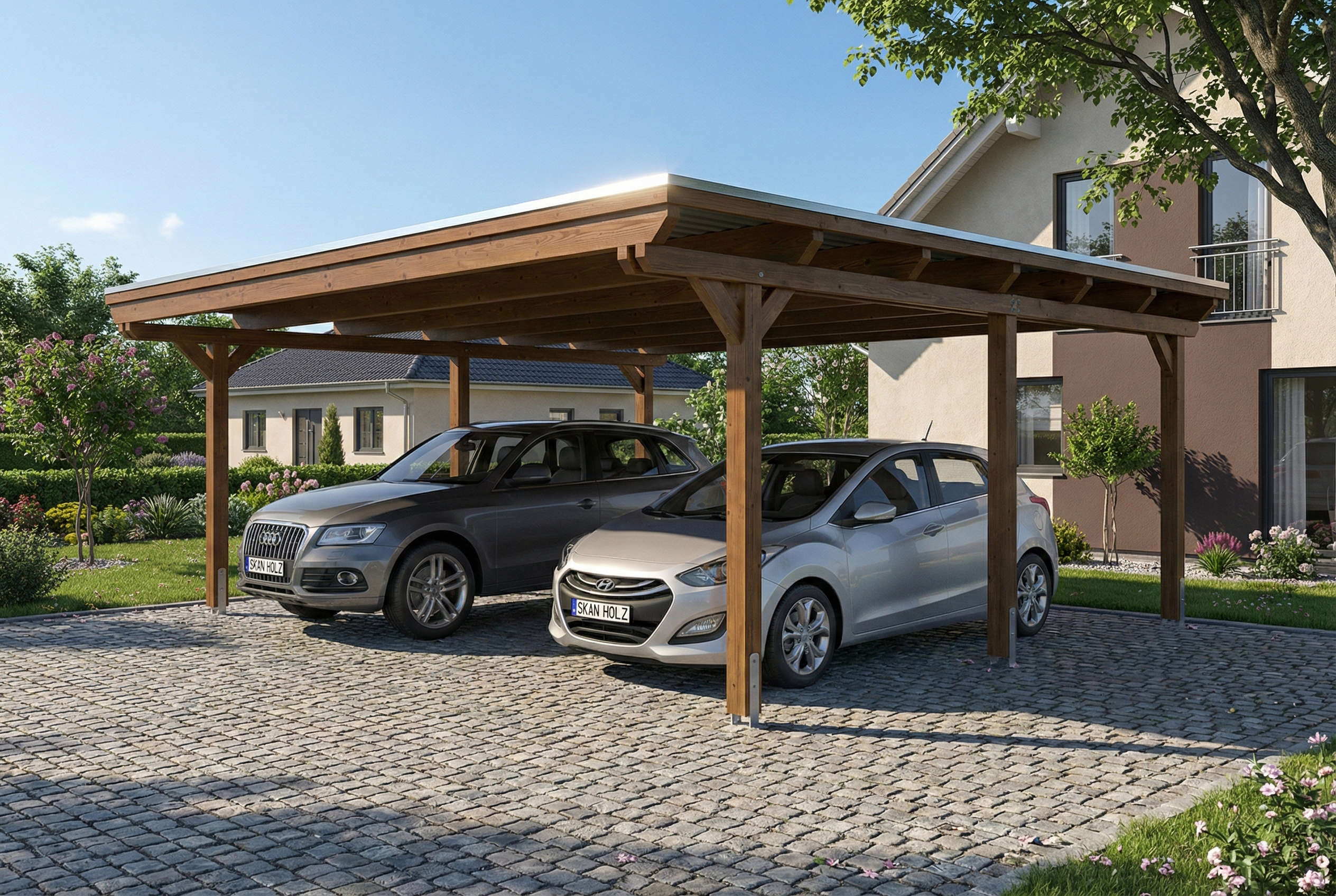 Carport Emsland 609 x 604 cm, stalen dakplaten met antiek condensvlies, walnoot