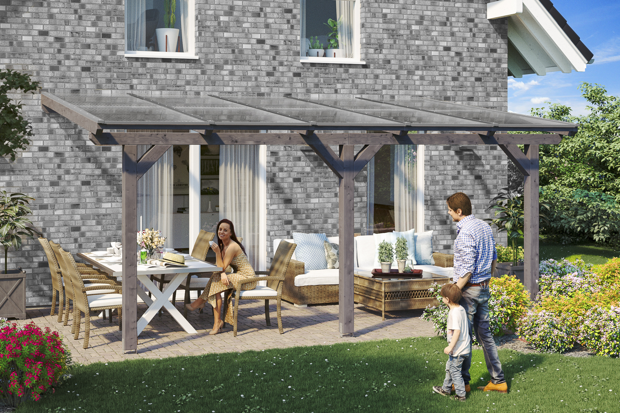 Terrasoverkapping Bormio 541 x 350 cm, gelamineerd hout, gelakt in leigrijs