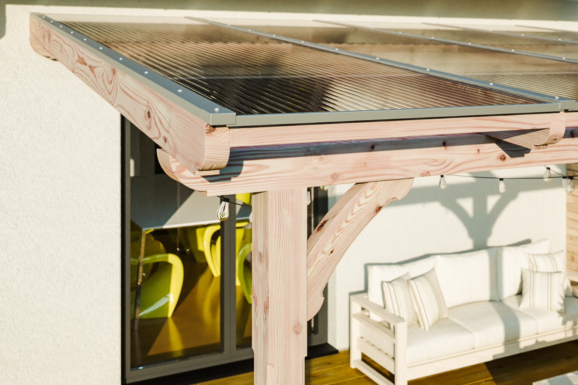 Detailbild einer Terrassenüberdachung Rimini mit Blick seitlich auf das Dach