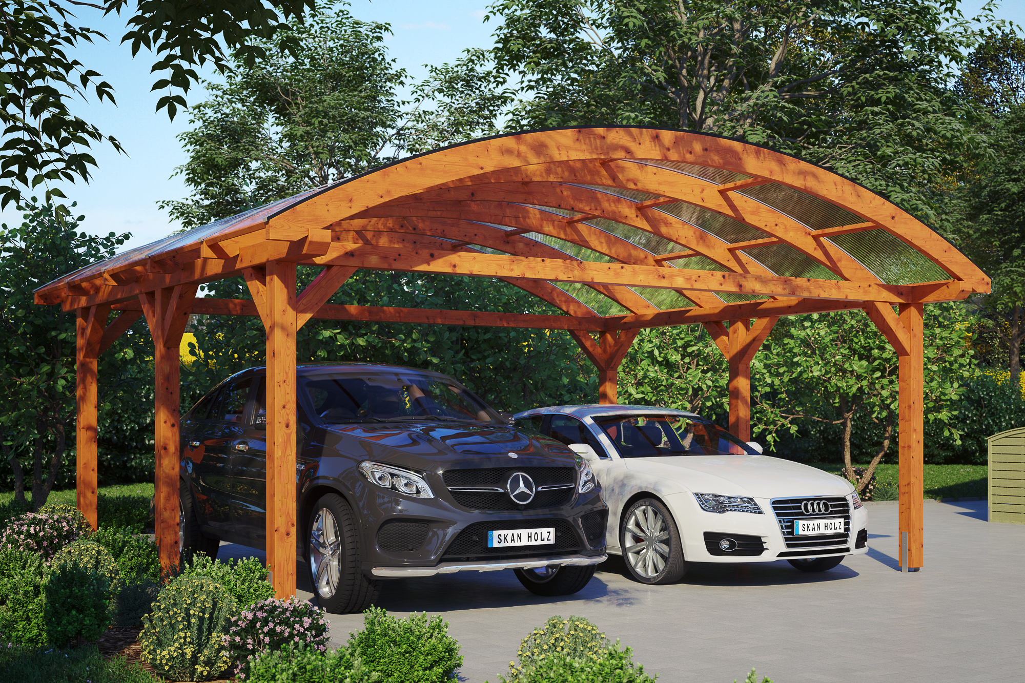 Ambientebild: Carport Franken 635 x 541 cm, farblich behandelt in eiche hell