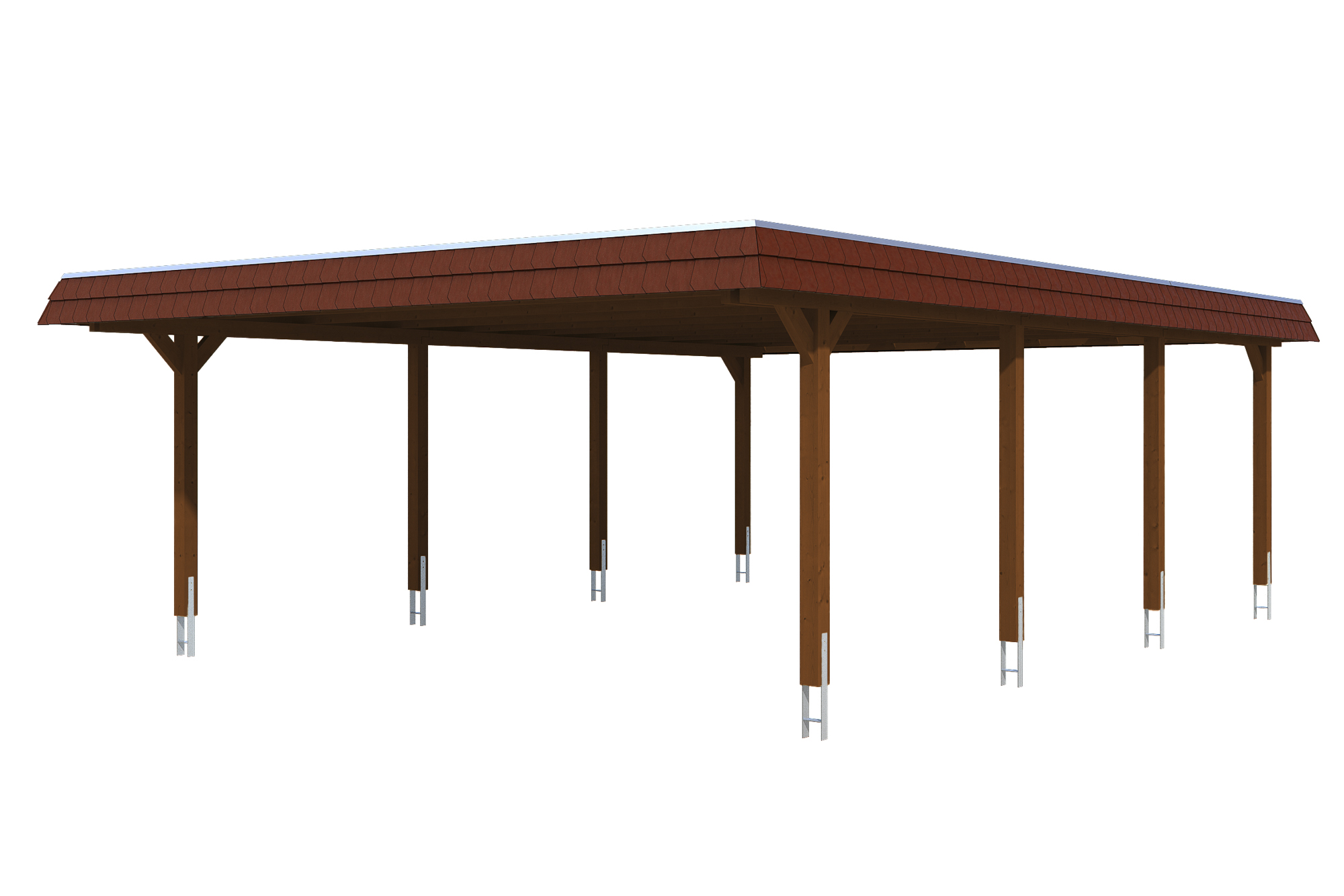 Produktbild: Carport Wendland 630 x 879 cm, mit roter Blende, farblich behandelt in nussbaum