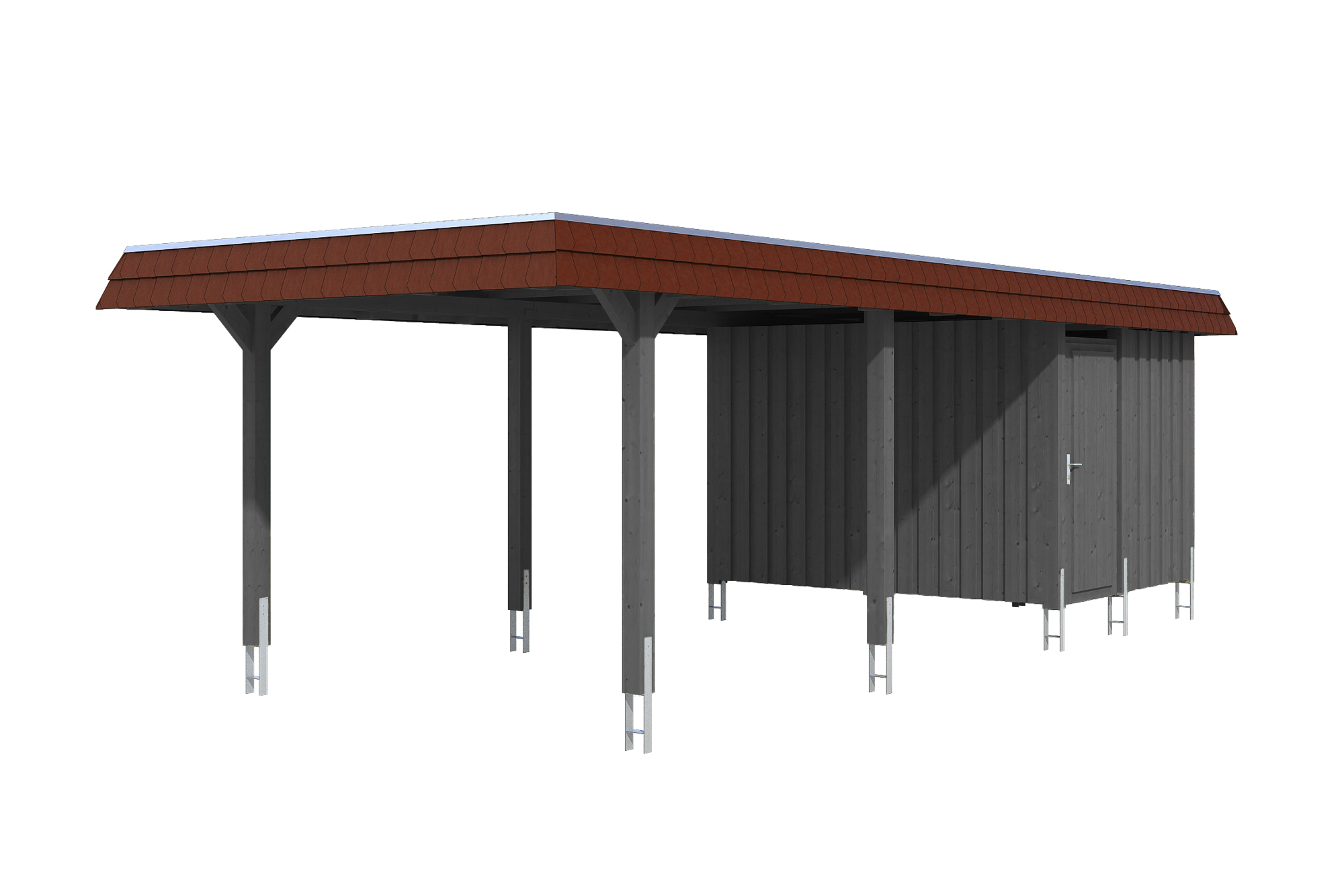 Produktbild: Carport Wendland 362 x 870 cm, mit Abstellraum, mit roter Blende, farblich behandelt in schiefergrau