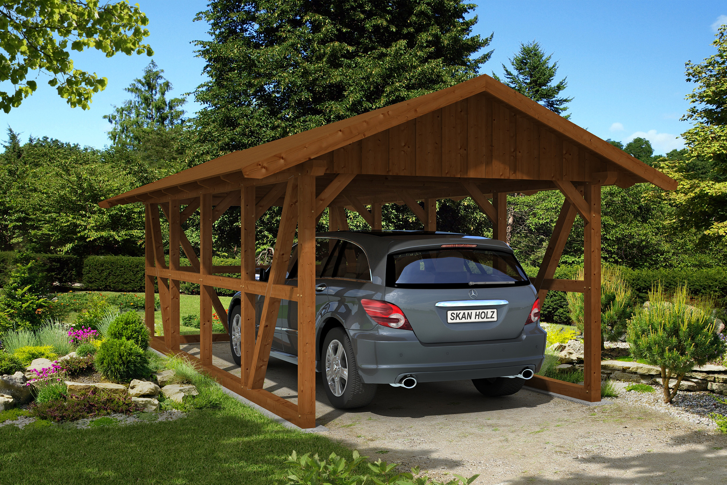 Carport Schwarzwald 424 x 772 cm mit Rückwand, nussbaum, mit Dachschalung