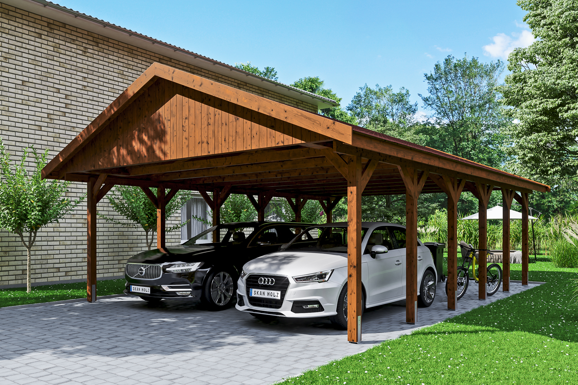 Carport Wallgau 620 x 900 cm, gelakt in noten, inclusief rode dakshingels