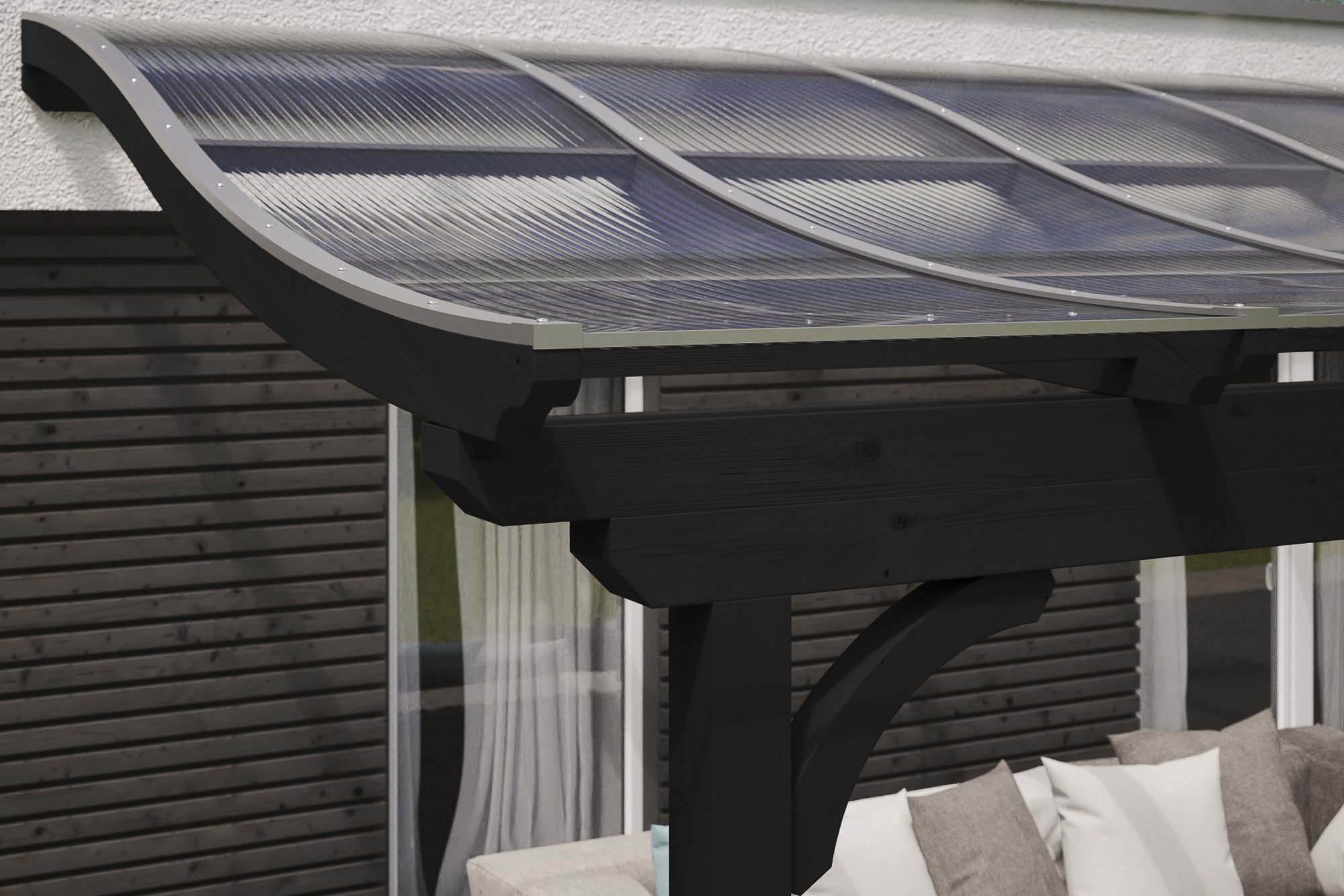 Detailbild einer Terrassenüberdachung Verona farblich behandelt in anthrazit mit Blick seitlich auf das Dach