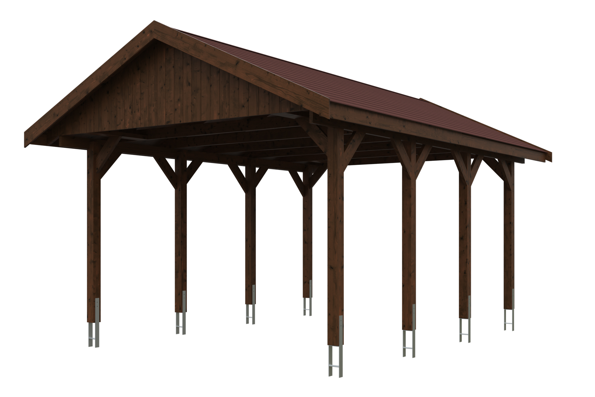 Produktbild: Carport Wallgau 430 x 600 cm, mit roten Dachschindeln, farblich behandelt in nussbaum