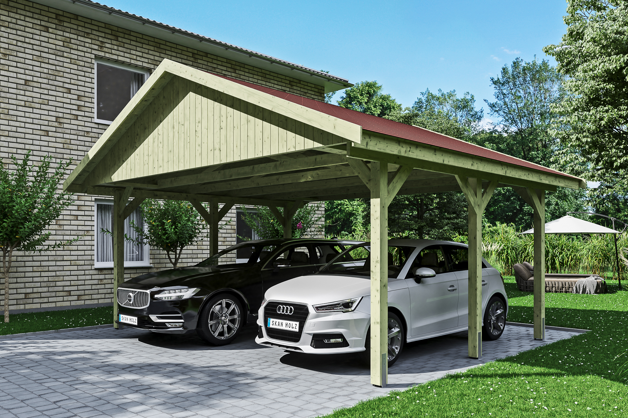 Ambientebild: Carport Wallgau 620 x 500 cm, mit roten Dachschindeln, grün imprägniert 