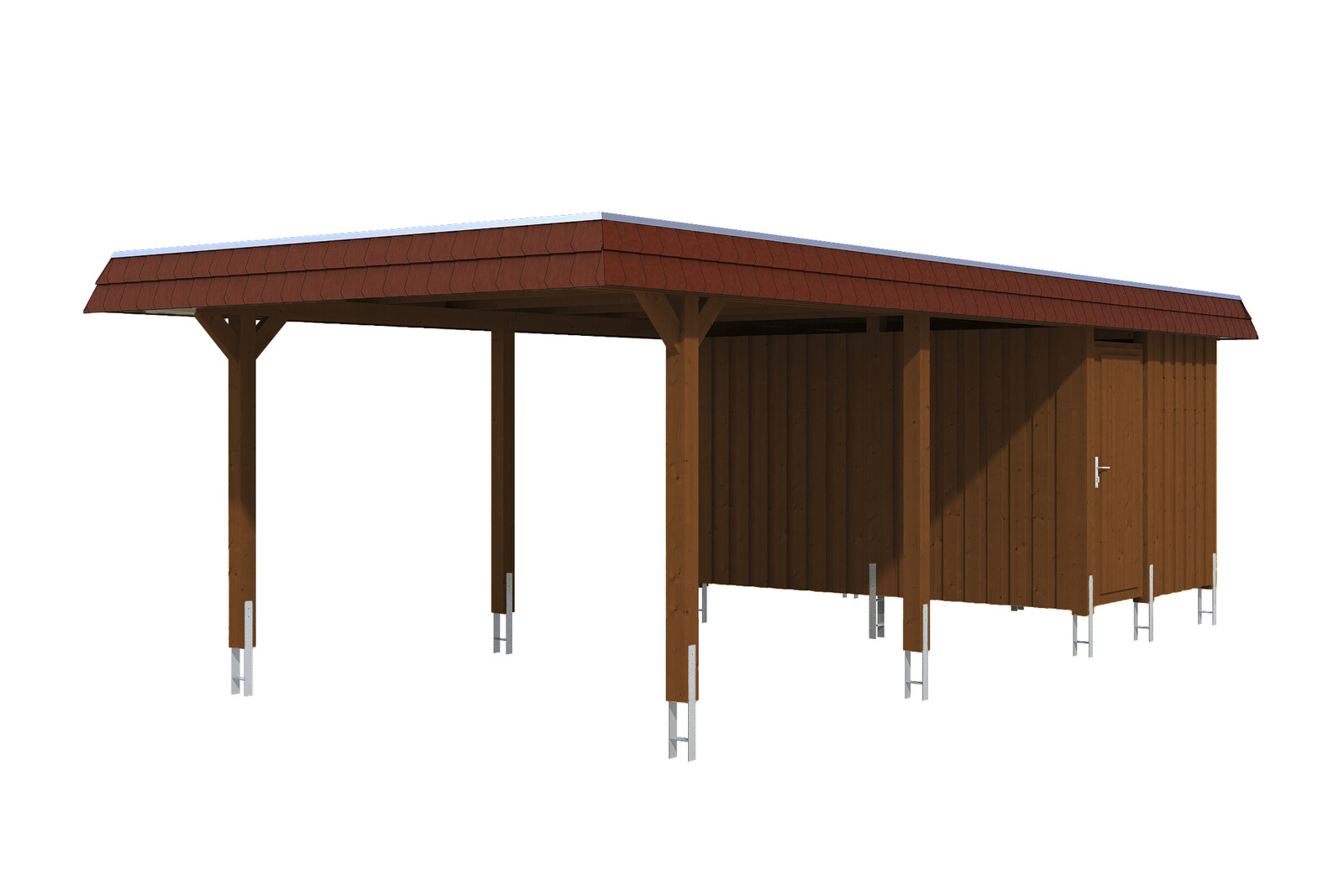 Carport WENDLAND 409x870cm avec remise, toit en aluminium, bandeau rouge, bois lamellé-collé, traitement coloré noyer