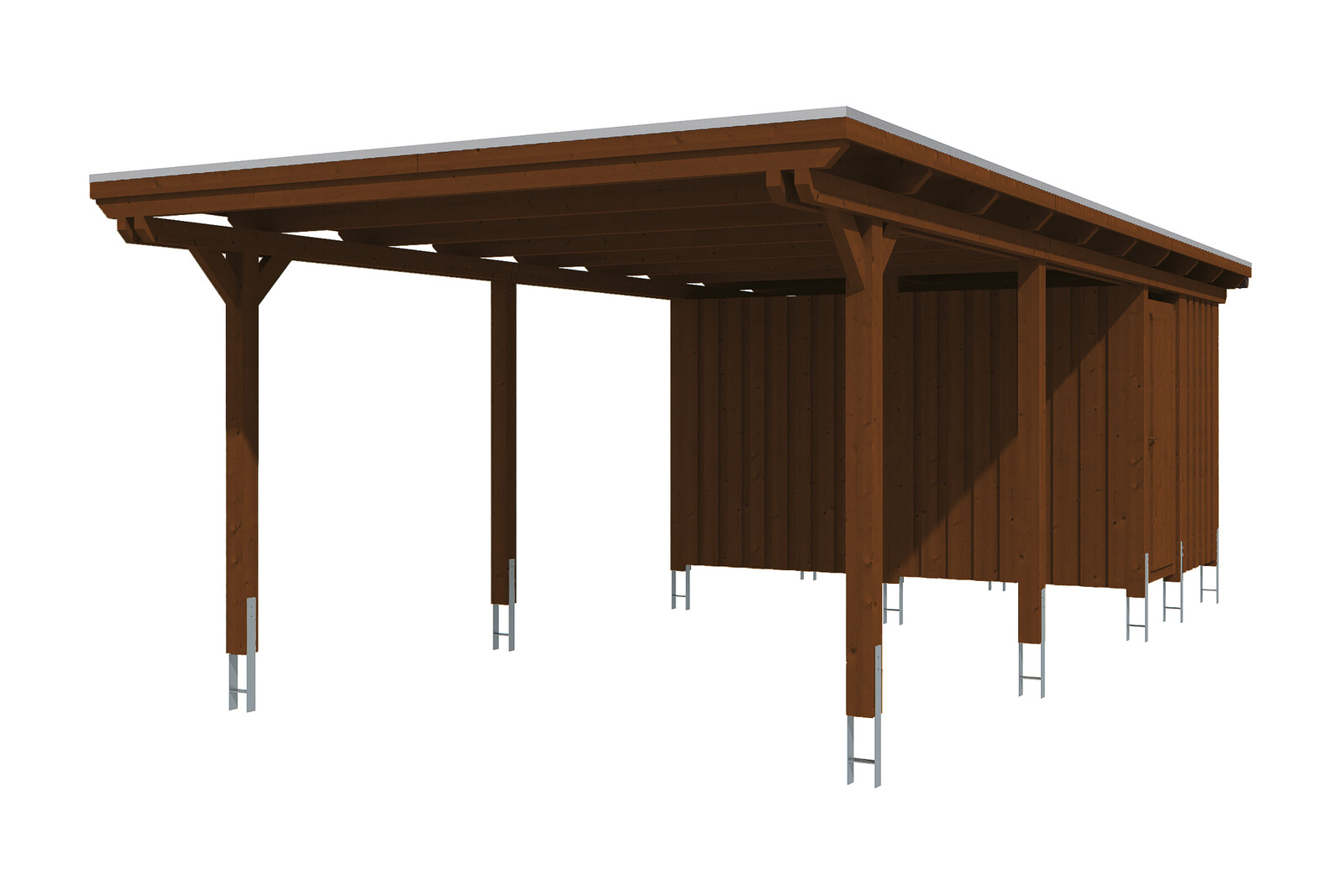 Carport Emsland 404 x 846 cm mit Aluminiumdach, mit Abstellraum, nussbaum
