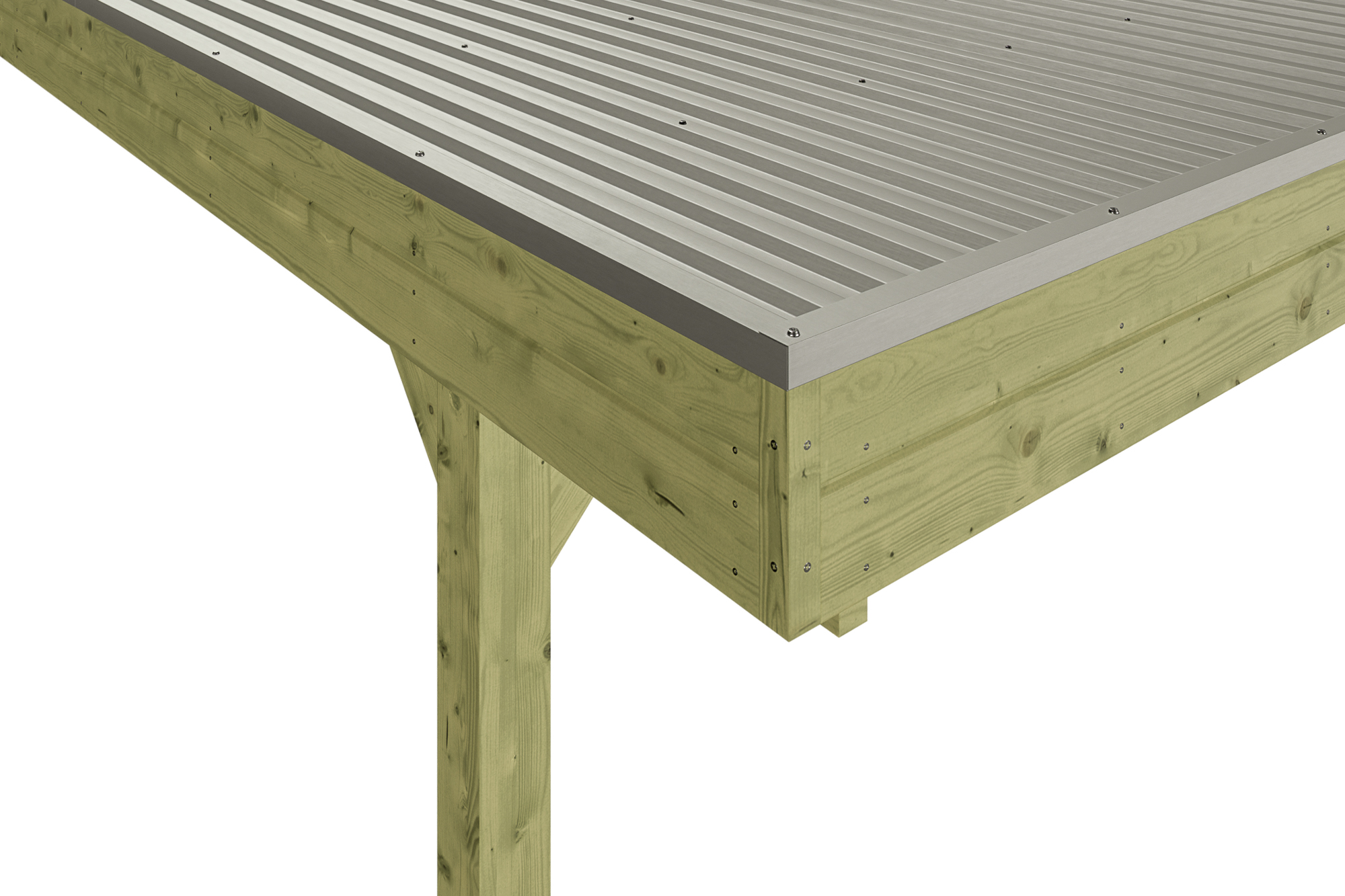 Detailbild: Aluminiumdachplatten und Dachblende beim Einzelcarport Friesland, grün imprägniert