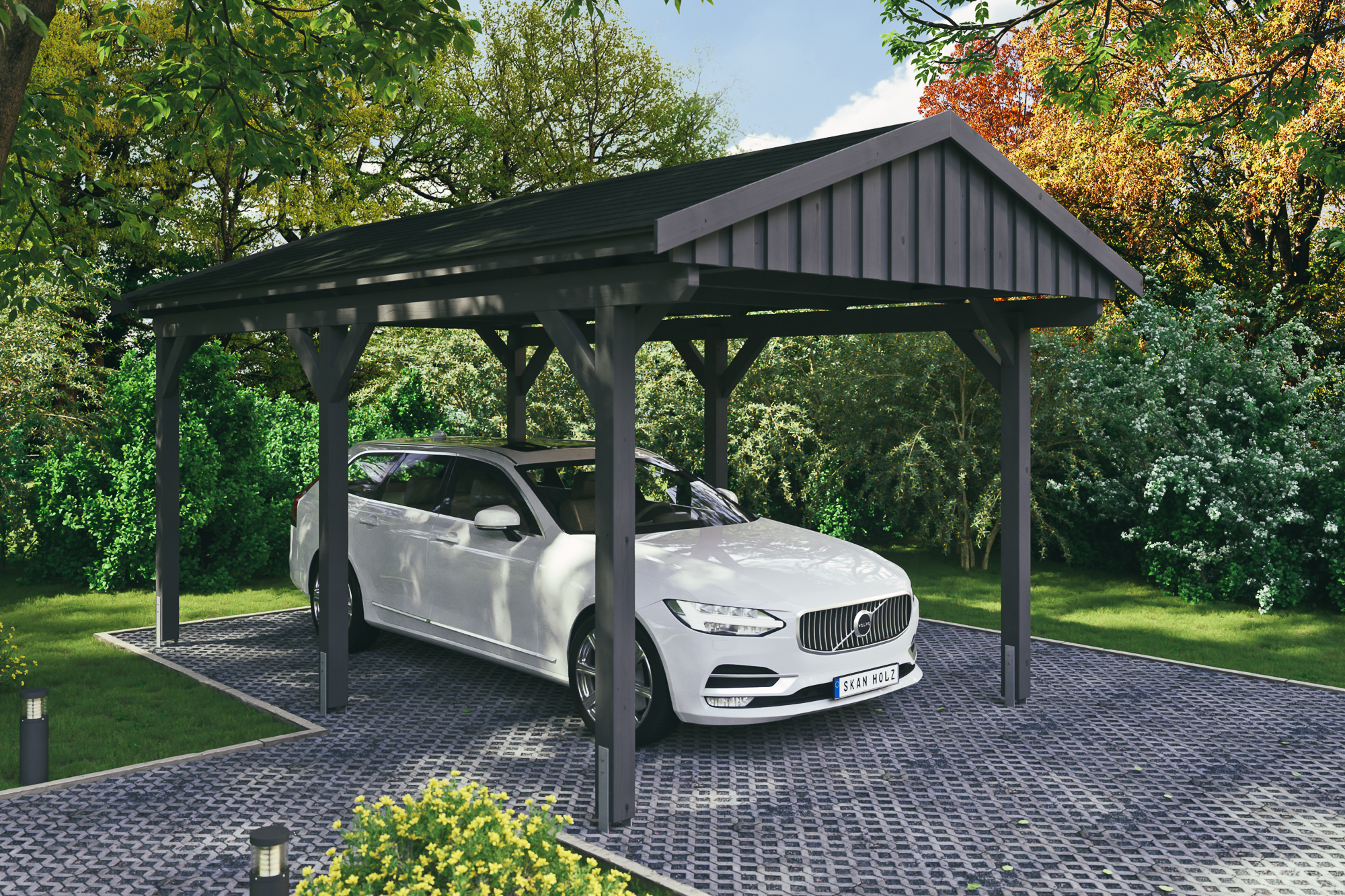 Ambientebild: Carport Fichtelberg 317 x 566 cm, farblich behandelt in schiefergrau, mit schwarzen Dachschindeln