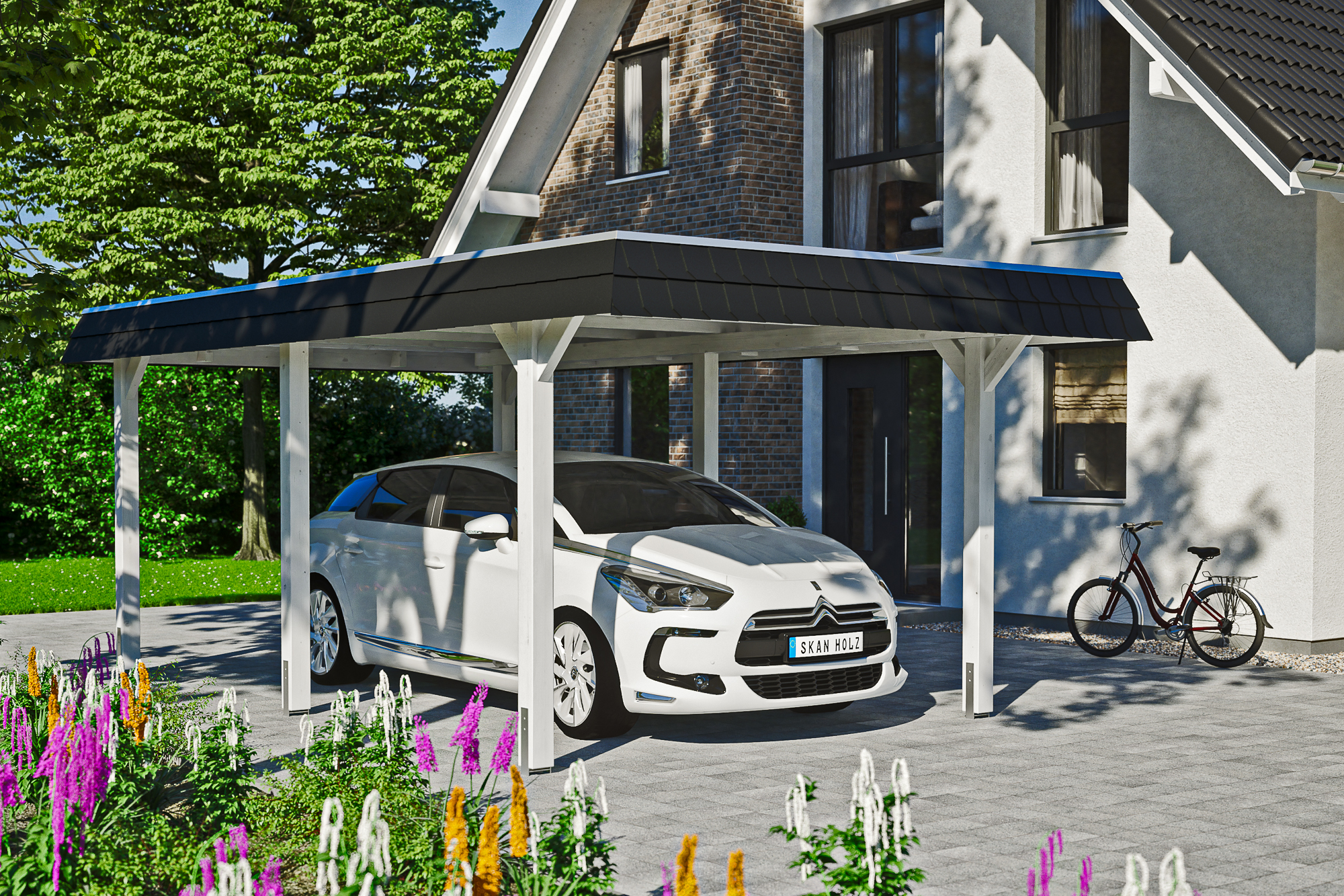 Ambientebild: Carport Wendland 362 x 628 cm, mit schwarzer Blende, farblich behandelt in weiß
