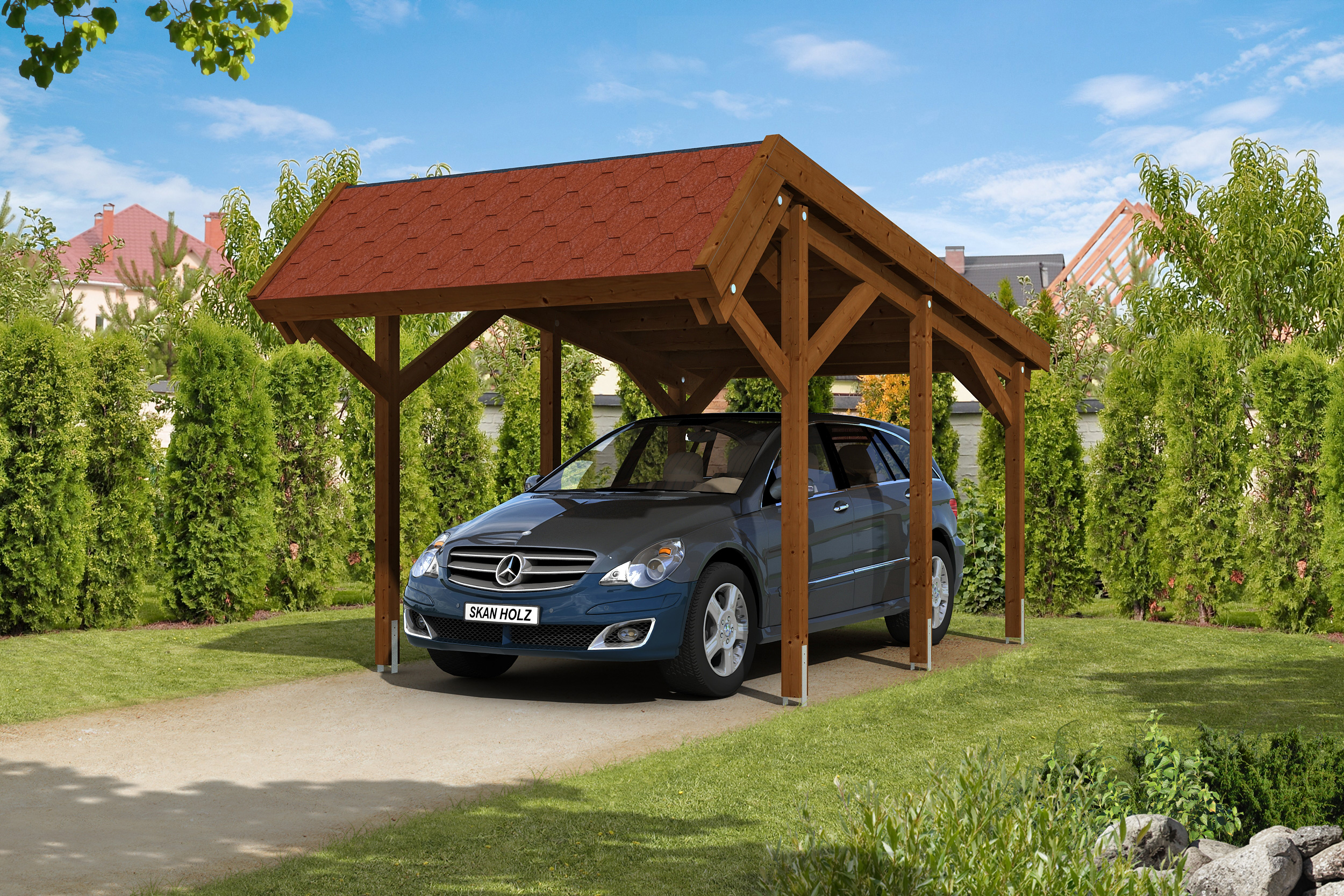 Ambientebild: Carport Harz 321 x 560 cm, farblich behandelt in nussbaum, mit roten Dachschindeln