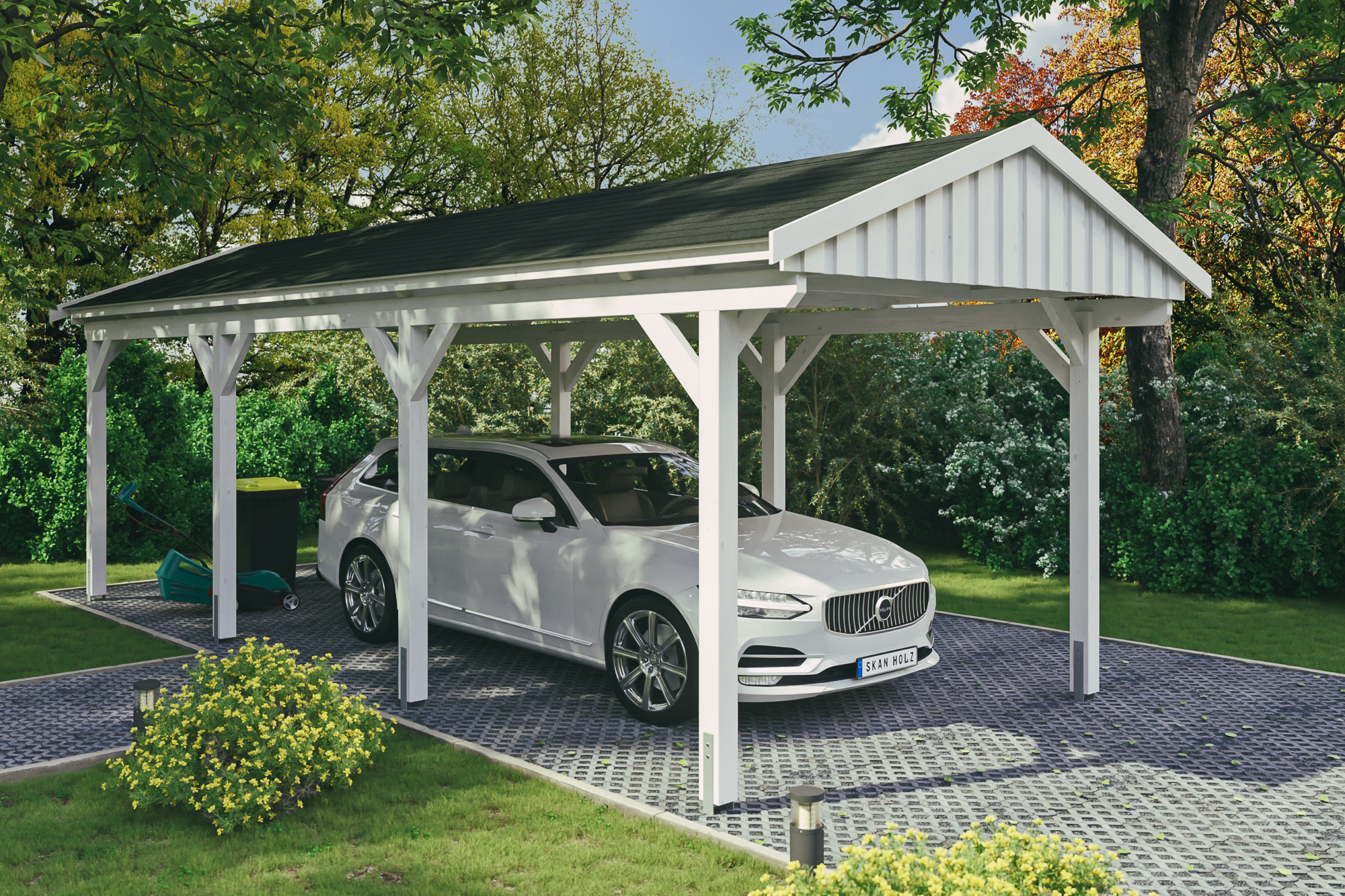 Ambientebild: Carport Fichtelberg 317 x 808 cm, farblich behandelt in weiß, mit schwarzen Dachschindeln