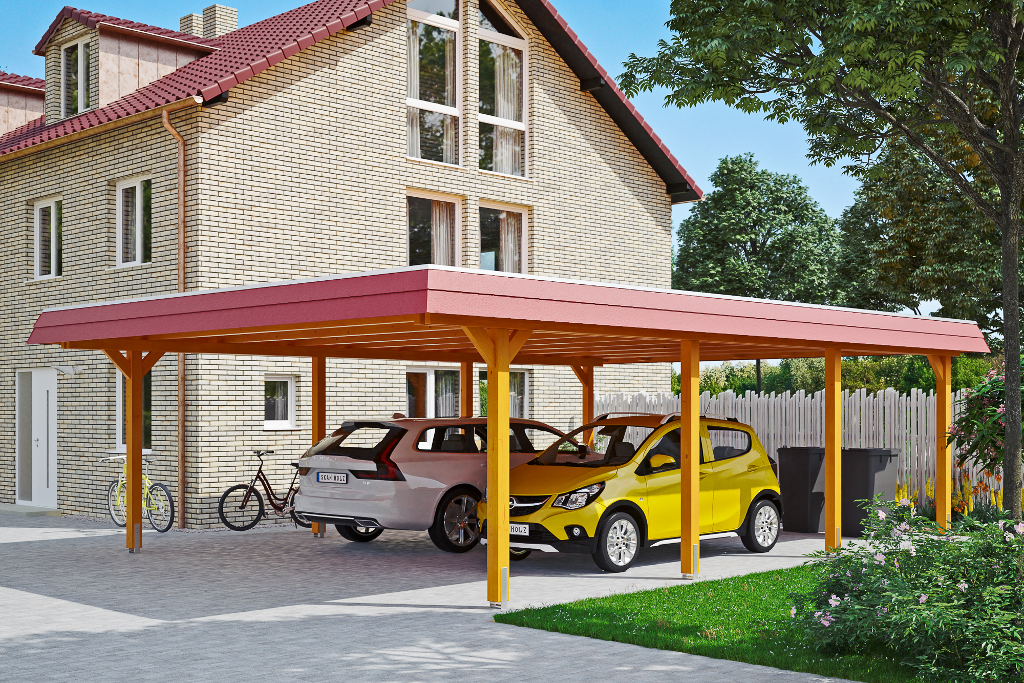 Ambientebild: Carport Wendland 630 x 879 cm, mit roter Blende, farblich behandelt in eiche hell