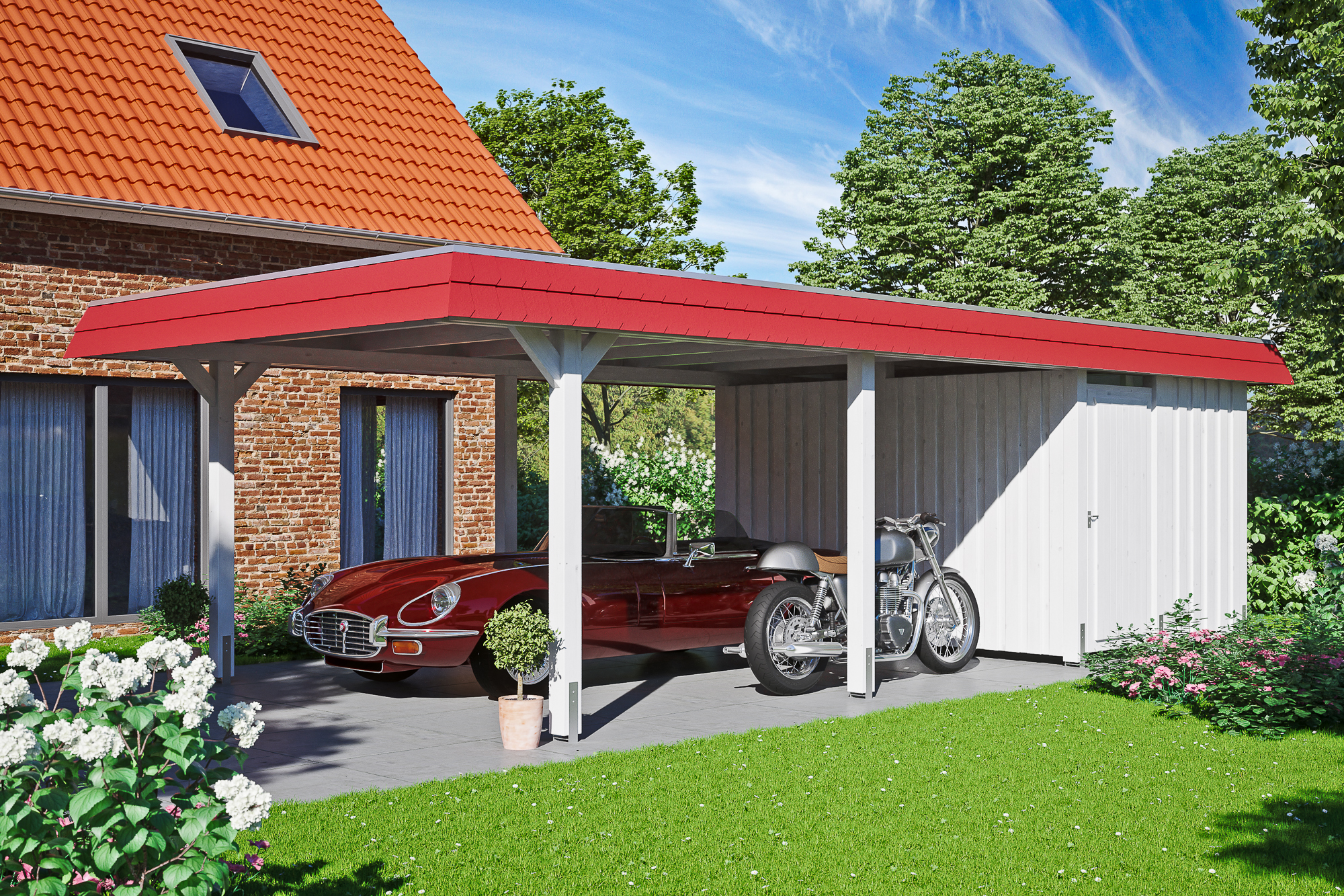 Ambientebild: Carport Wendland 409 x 870 cm, mit Abstellraum, mit roter Blende, farblich behandelt in weiß