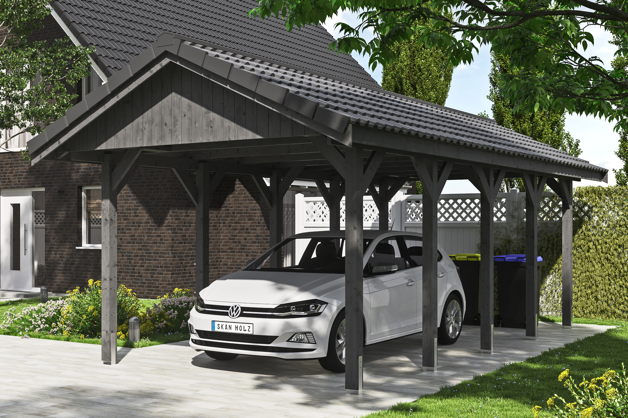 Ambientebild: Carport Wallgau 380 x 750 cm, mit Dachziegeln, farblich behandelt in schiefergrau