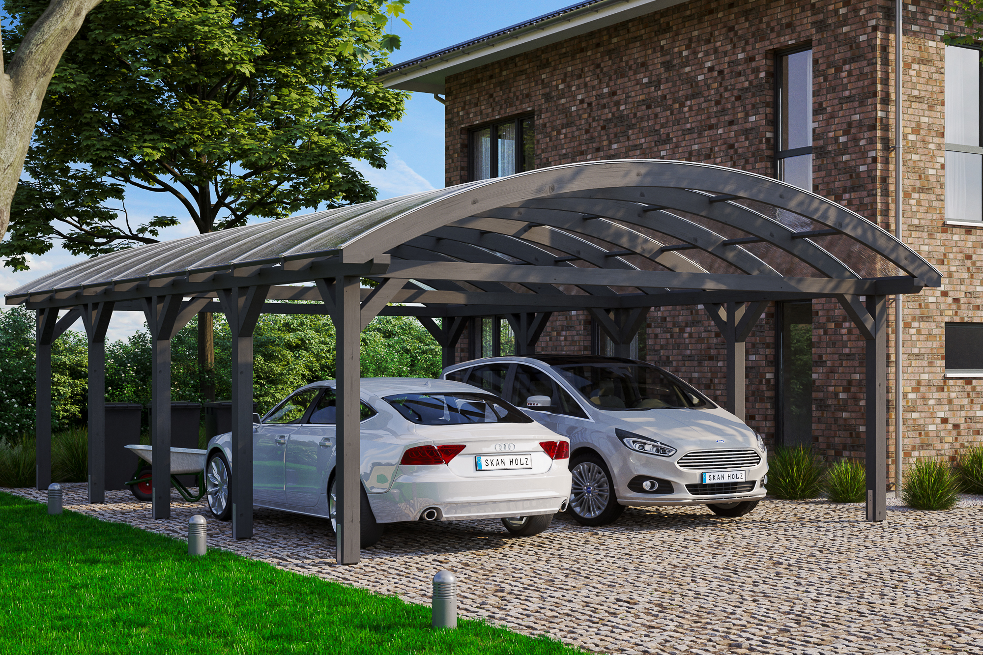 Carport Franken 635 x 969 cm, gelakt in leigrijs, met polycarbonaatplaten