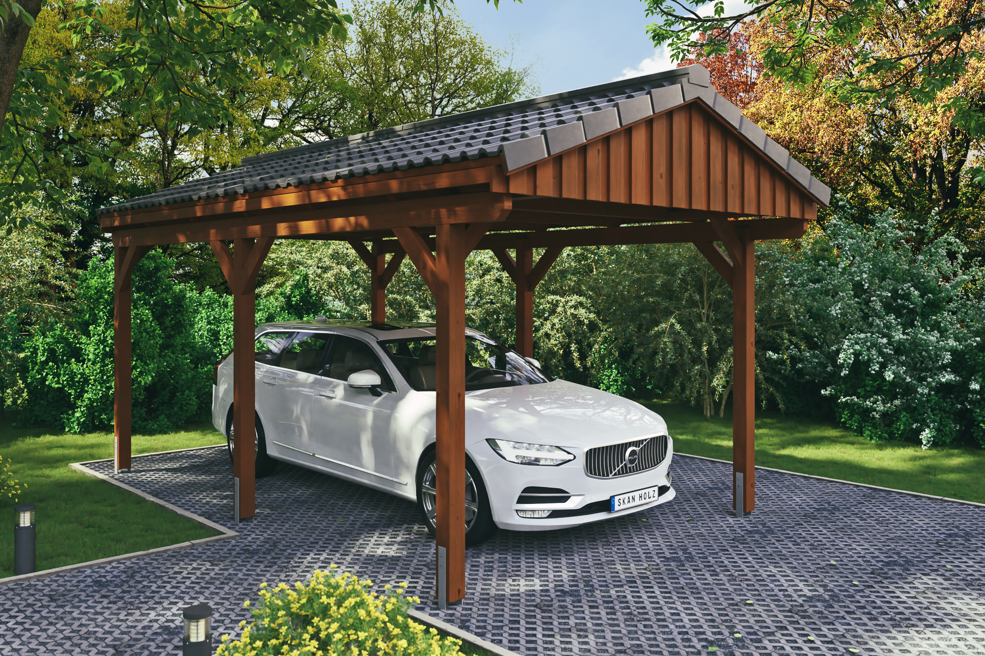 Ambientebild: Carport Fichtelberg 317 x 566 cm, farblich behandelt in nussbaum, mit Dachziegeln