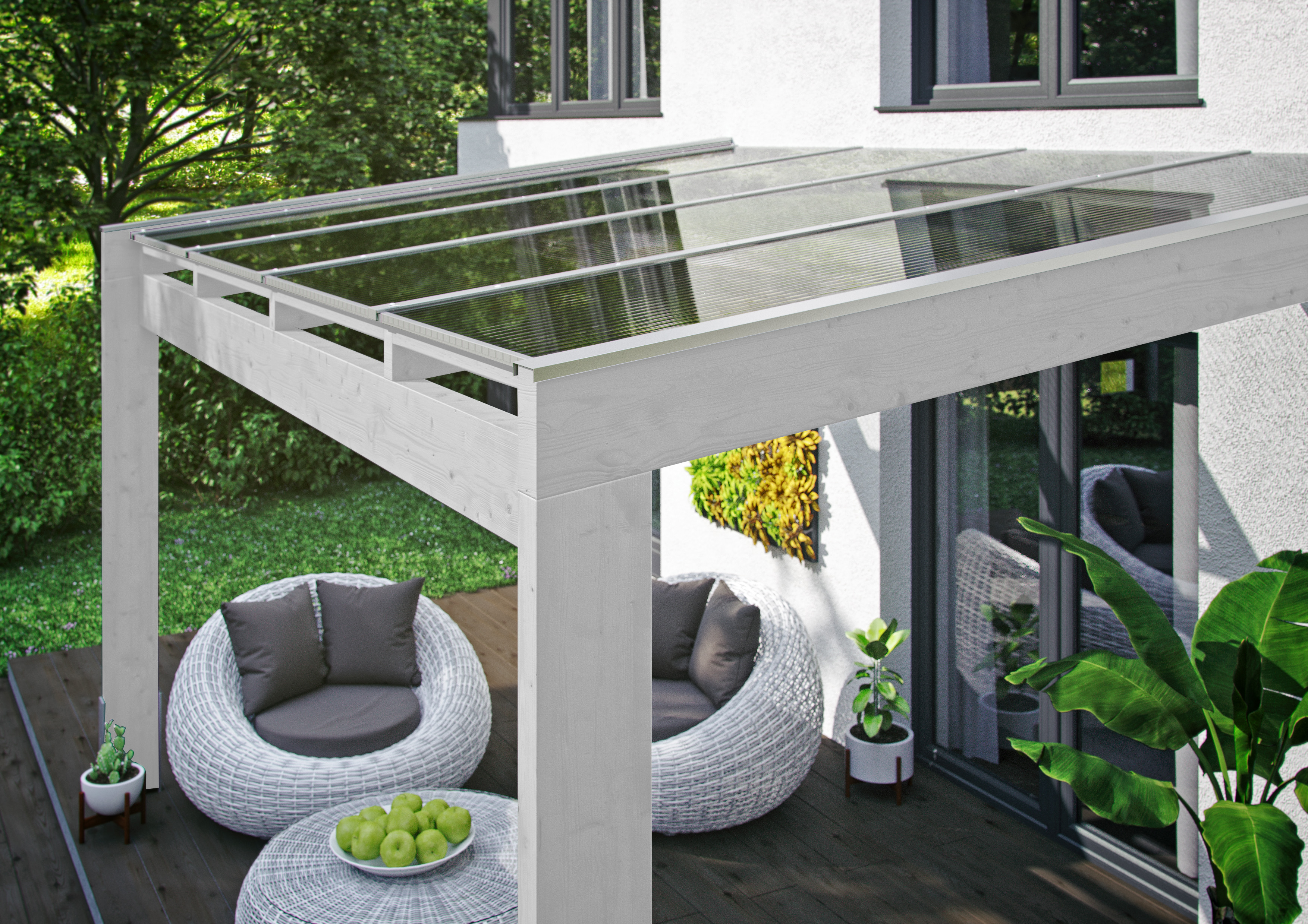 Draufsicht einer Terrassenüberdachung Novara farblich behandelt in weiß