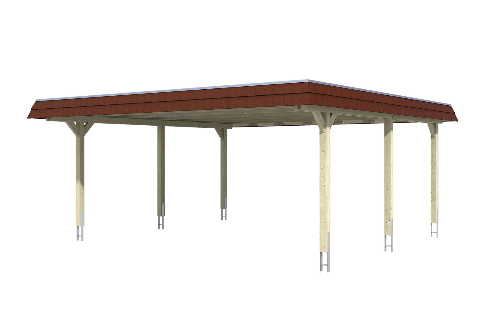 Carport WENDLAND 630x637cm, toit en aluminium, bandeau rouge, bois lamellé-collé, non traité