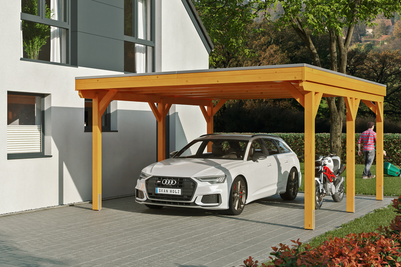 Carport Grunewald 427 x 554 cm met dakbetimmering en EPDM-folie, gelakt in licht eiken