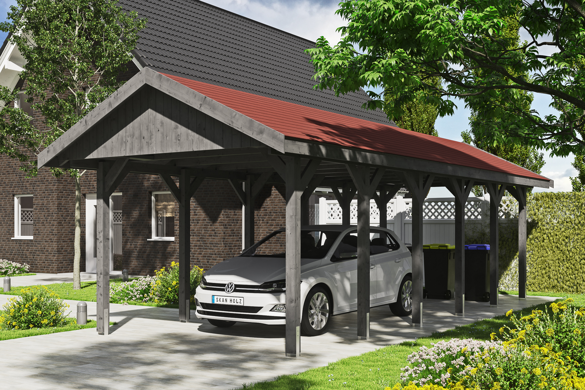 Ambientebild: Carport Wallgau 380 x 900 cm, mit roten Dachschindeln, farblich behandelt in schiefergrau