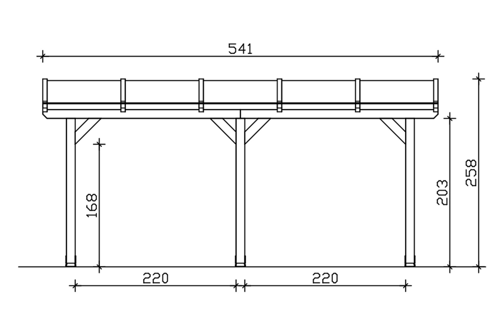 Terrace roof Bormio 541 x 250 cm, glulam, colour pre-treated light oak