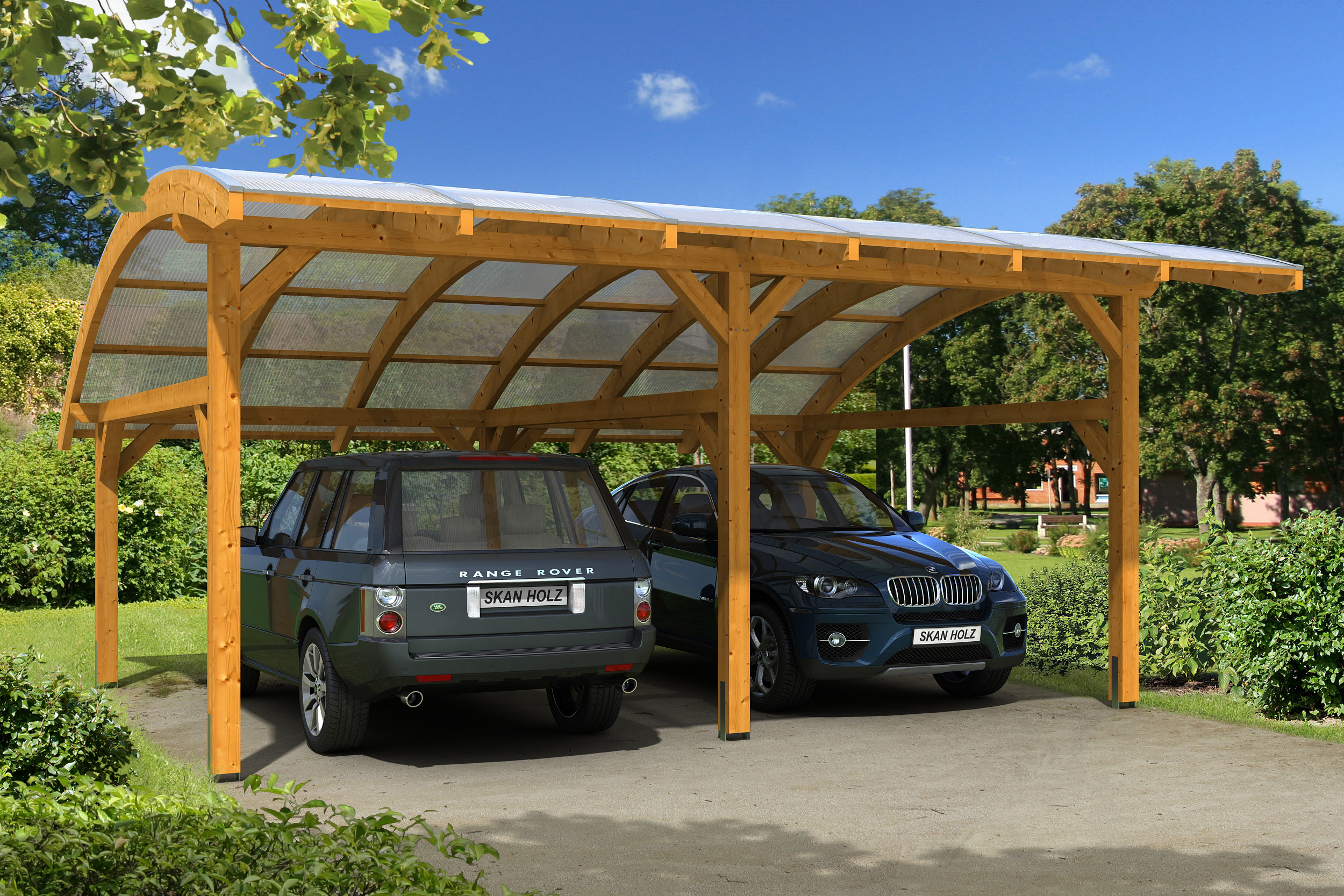 Ambientebild: Carport Schwaben 648 x 630 cm, farblich behandelt in eiche hell