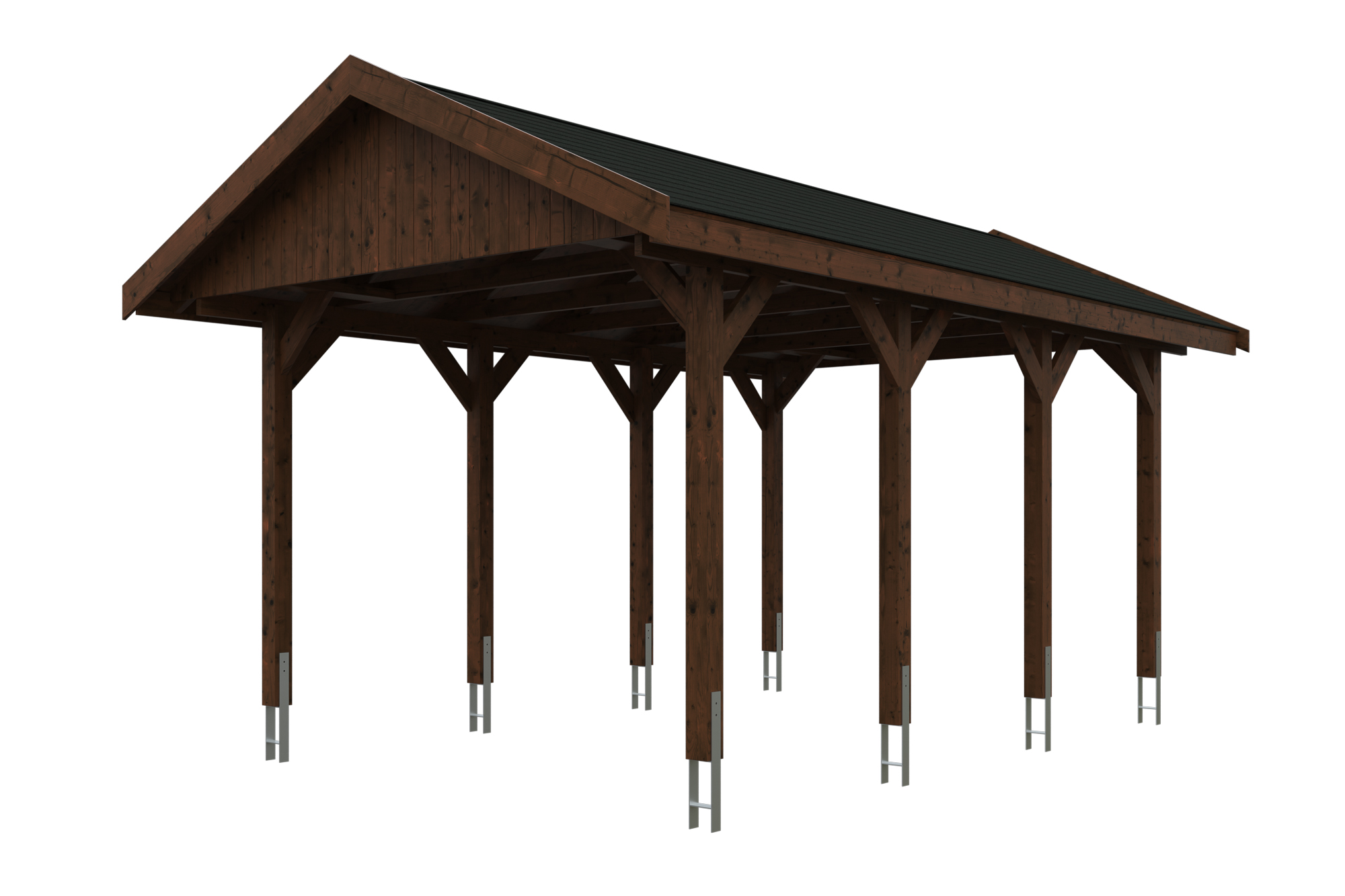 Produktbild: Carport Wallgau 380 x 600 cm, mit schwarzen Dachschindeln, farblich behandelt in nussbaum