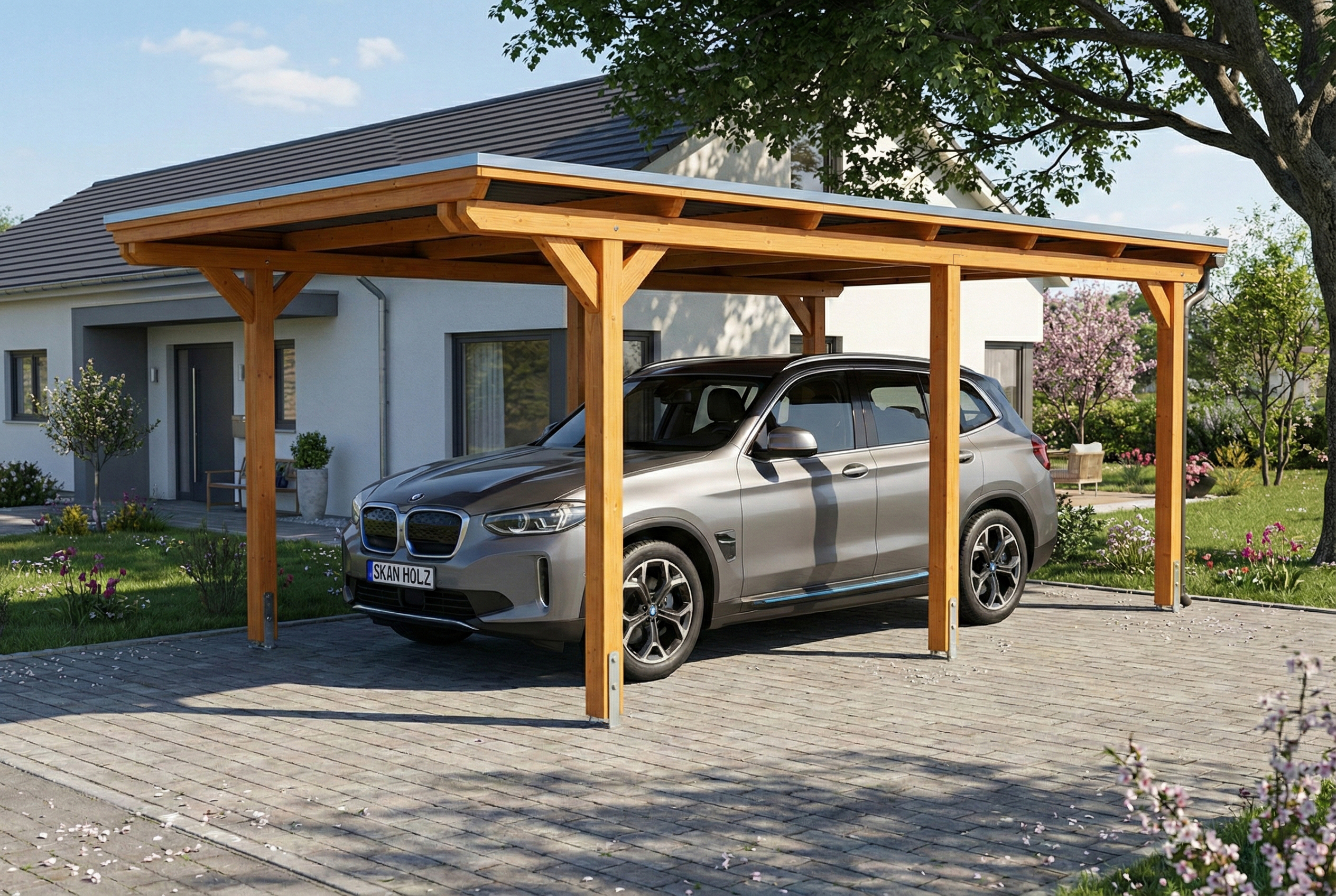 Carport Emsland 340 x 604 cm, stalen dakplaten met antiek condensvlies, licht eiken