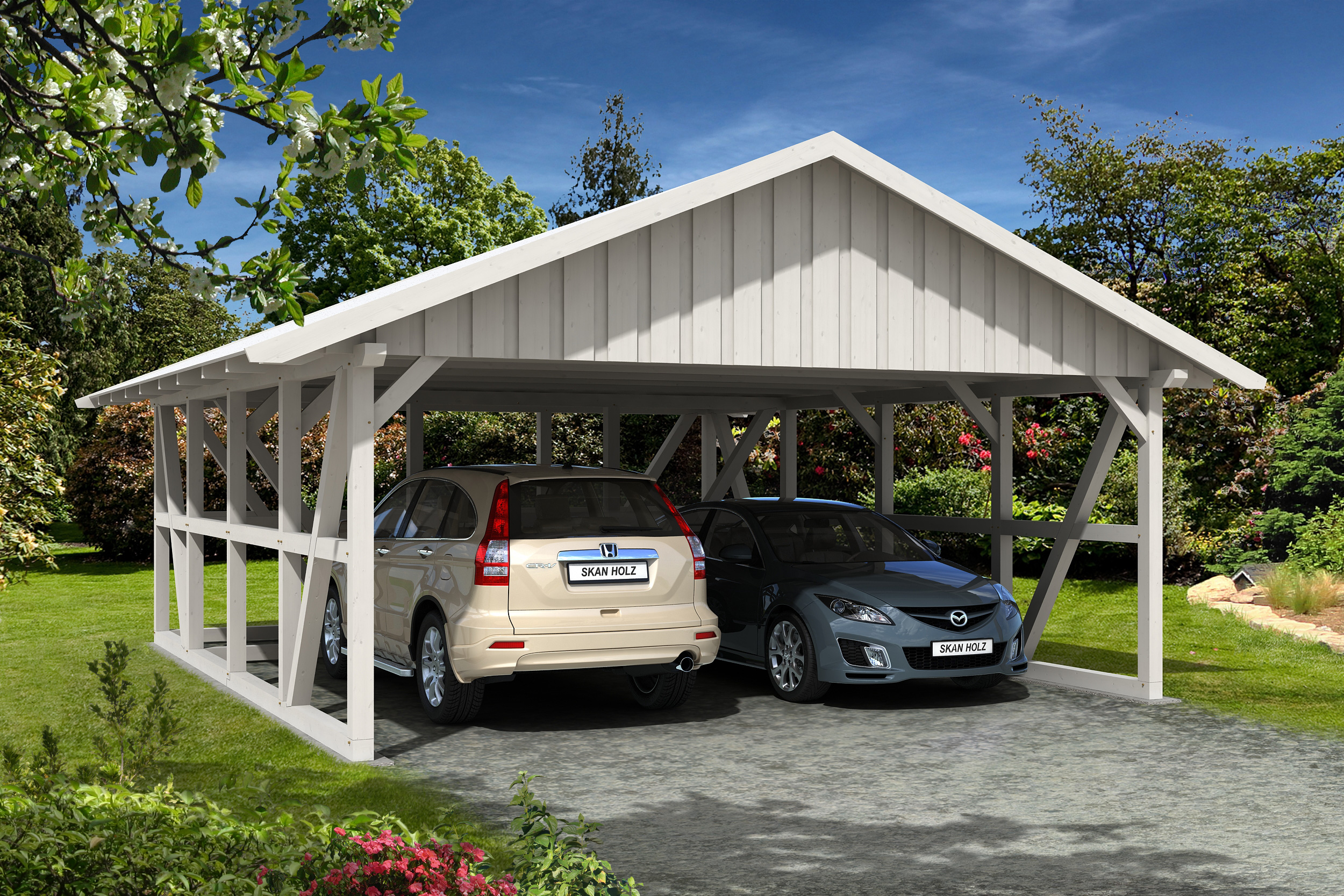 Carport Schwarzwald 684 x 772 cm, met bergruimte 560cm, met dakbetimmering, gelakt in wit