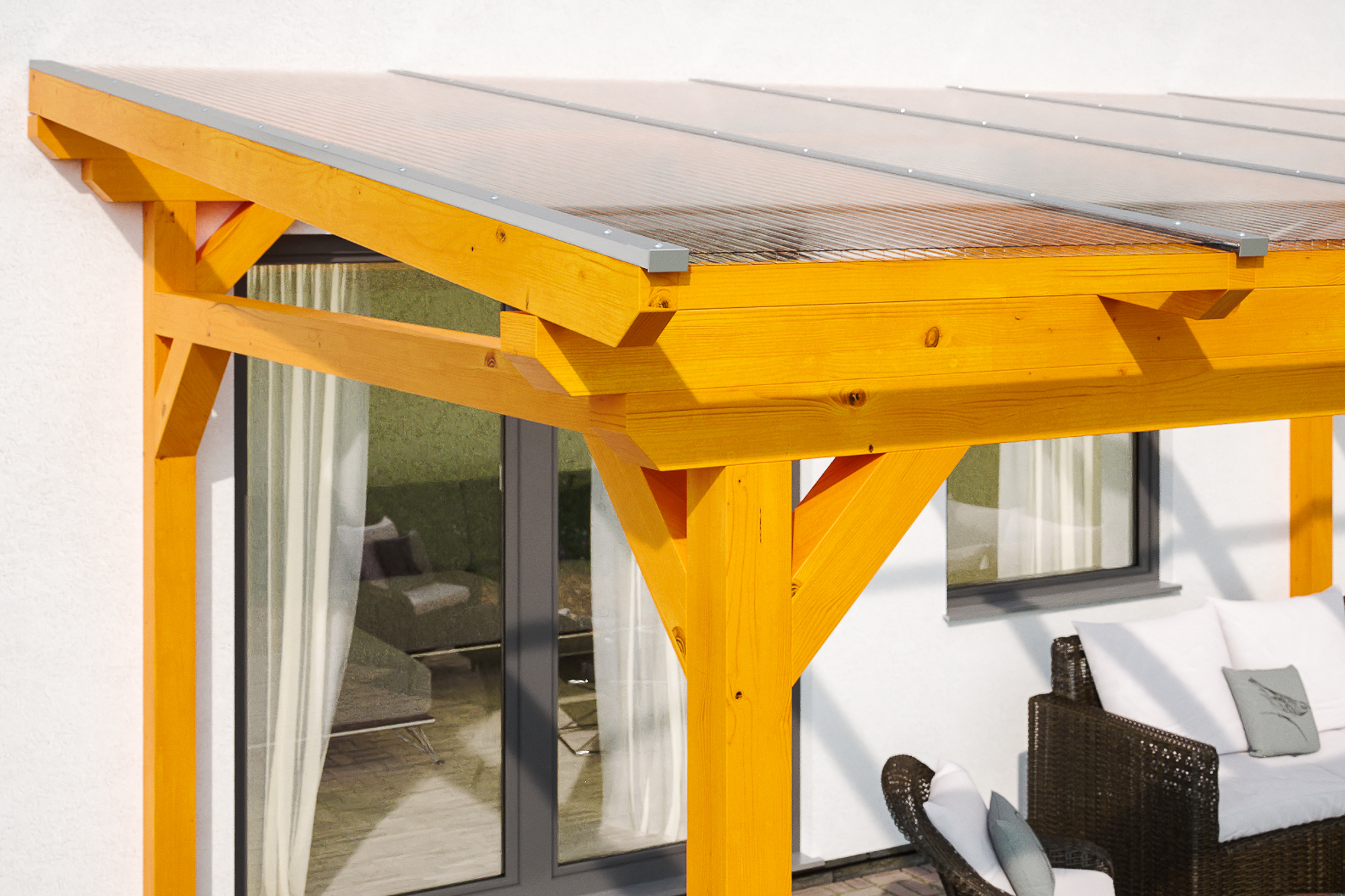 Detailbild einer Terrassenüberdachung Sanremo farblich behandelt farblich behandelt in eiche hell mit Blick seitlich auf das Dach