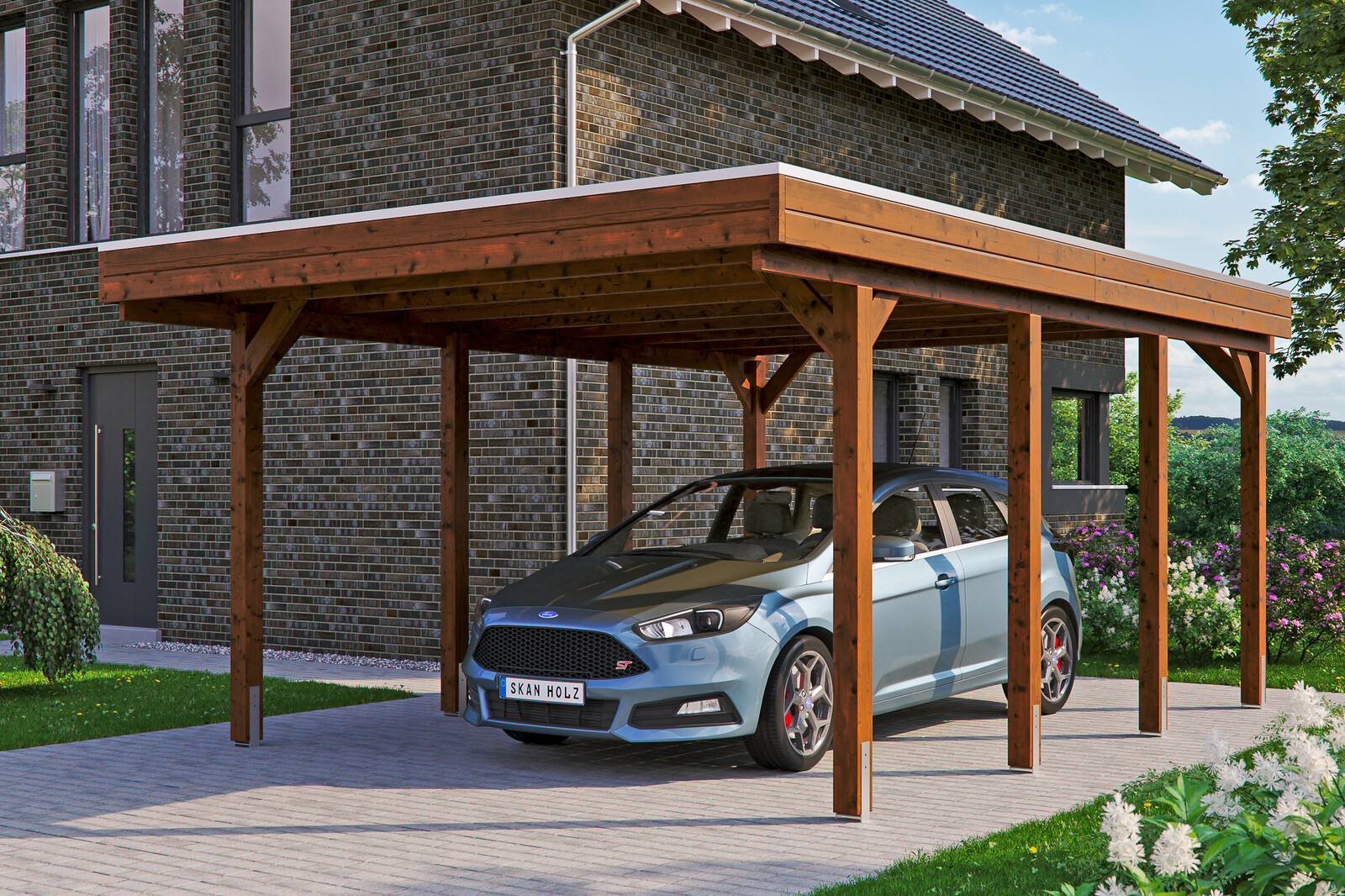 Carport Friesland 397 x 555 cm, gelakt in noten, met dakbetimmering en EPDM-folie