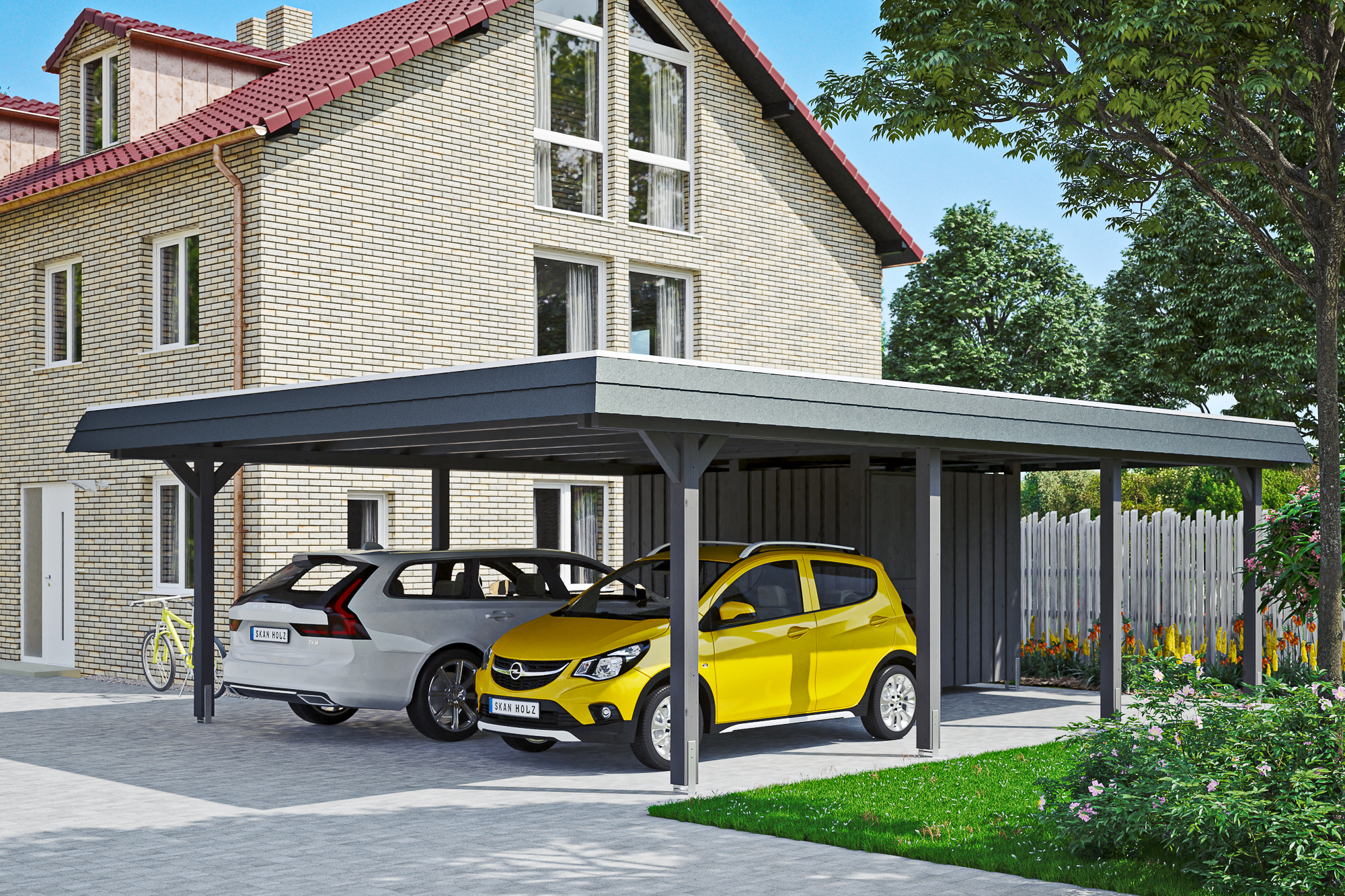 Ambientebild: Carport Wendland 630 x 879 cm, mit Abstellraum, mit schwarzer Blende, farblich behandelt in schiefergrau