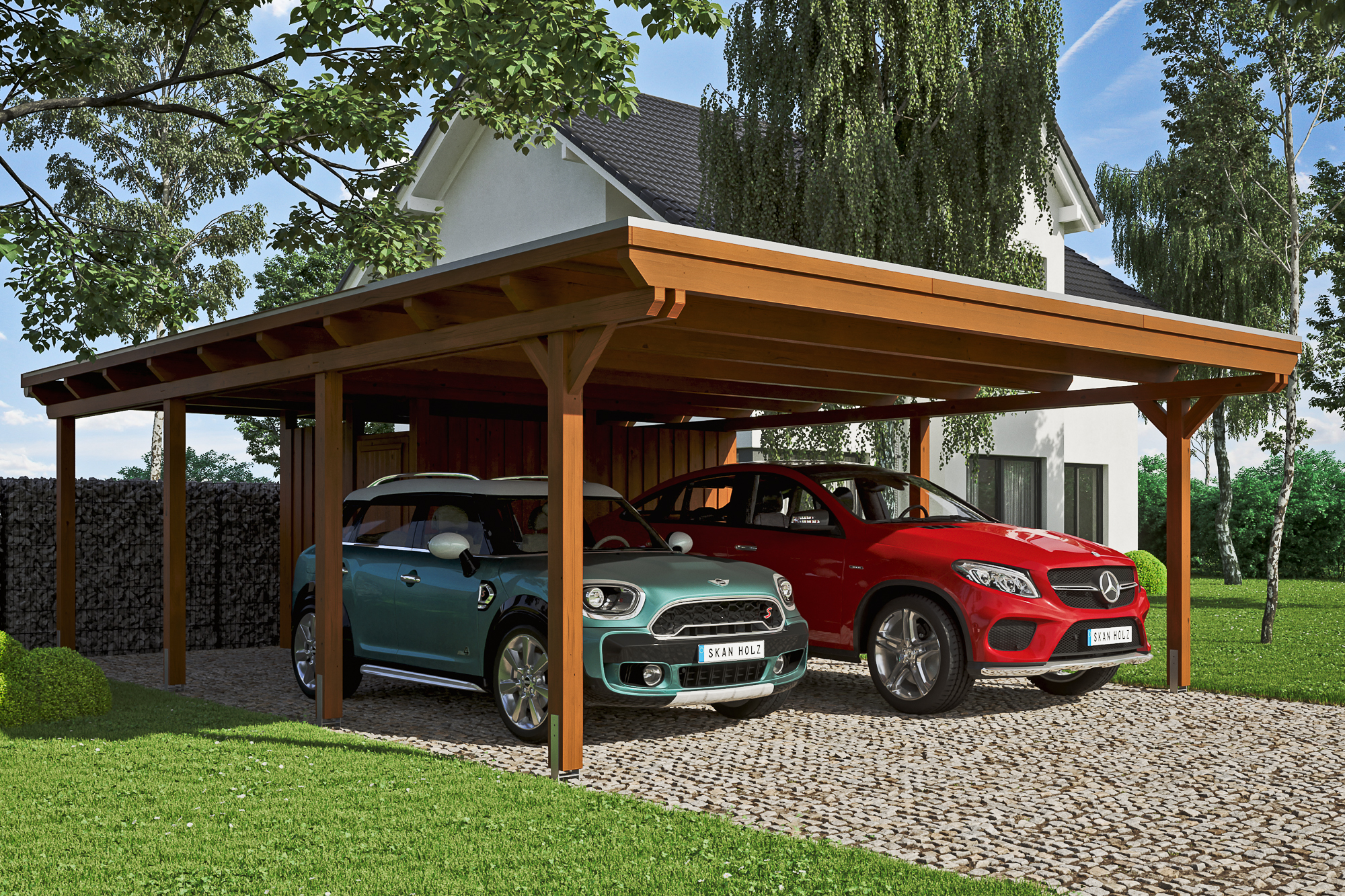 Ambientebild: Carport Emsland 613 x 846 cm mit Abstellraum, farblich behandelt in nussbaum