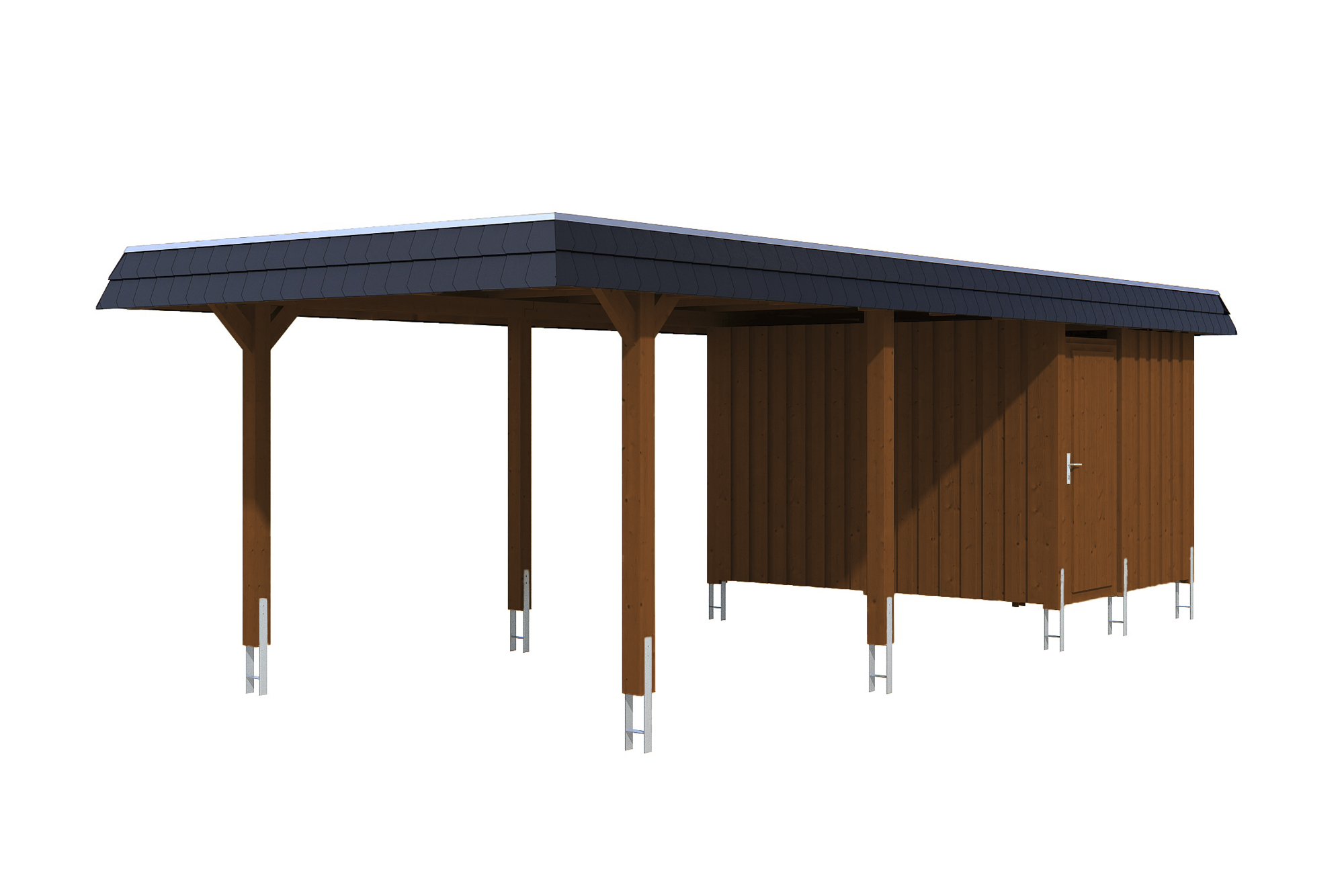 Produktbild: Carport Wendland 362 x 870 cm, mit Abstellraum, mit schwarzer Blende, farblich behandelt in nussbaum