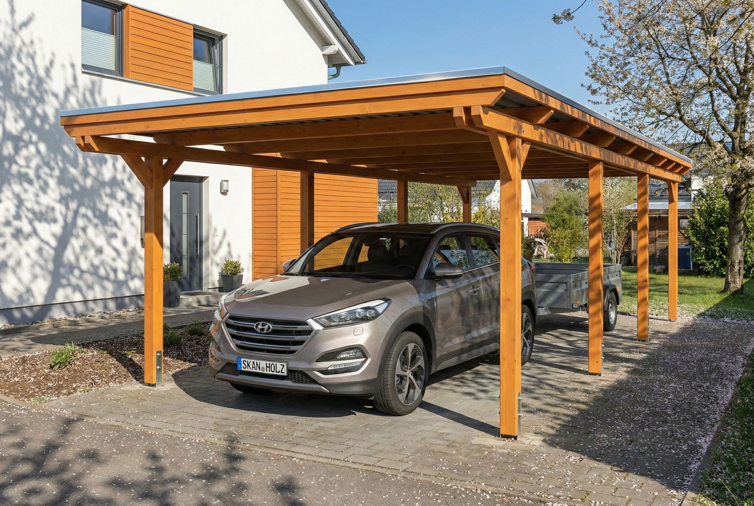 Carport Emsland 402 x 846 cm, stalen dakplaten met antiek condensvlies, licht eiken