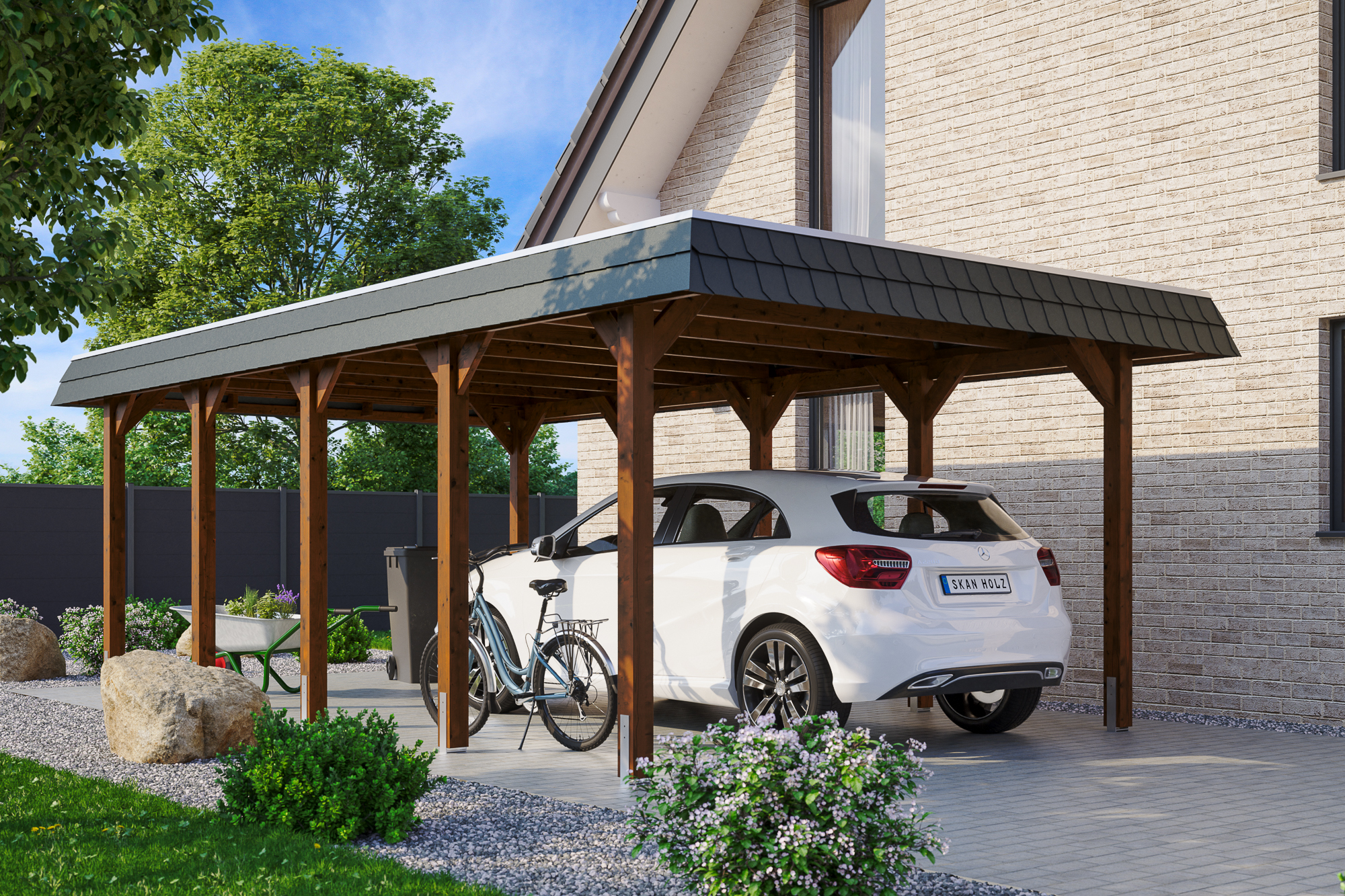 Ambientebild: Carport Spreewald 396 x 741 cm mit schwarzer Blende, farblich behandelt in nussbaum
