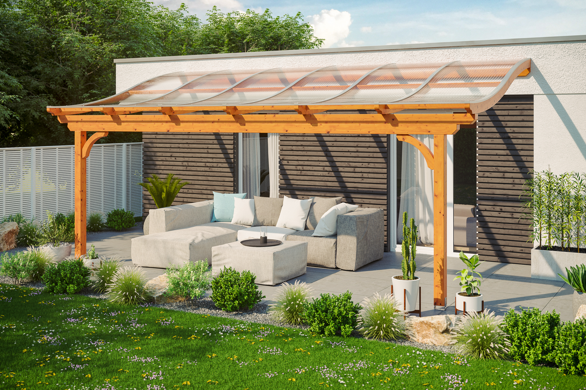 Ambientebild: Terrassenüberdachung Verona, Breite 648 cm, farblich behandelt in eiche hell