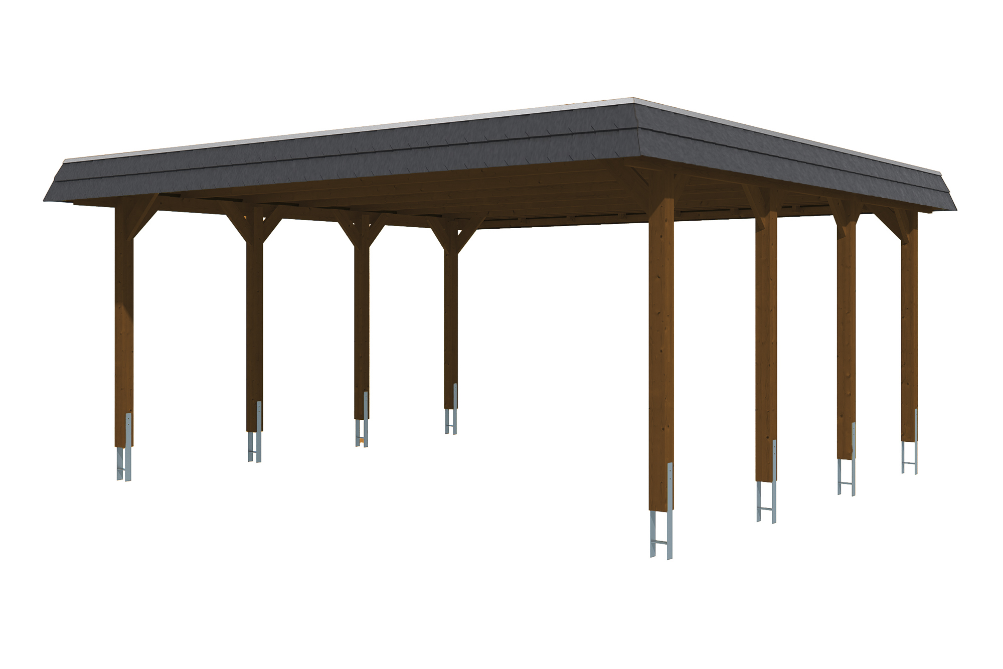 Produktbild: Carport Spreewald 585 x 589 cm mit schwarzer Blende, farblich behandelt in nussbaum