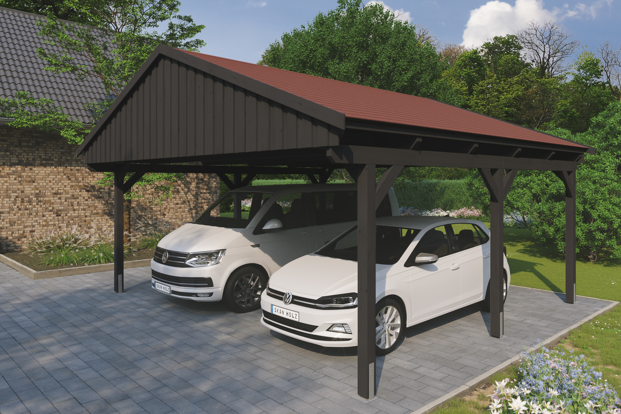 Ambientebild: Carport Fichtelberg 618 x 566 cm, farblich behandelt in anthrazit, mit roten Dachschindeln