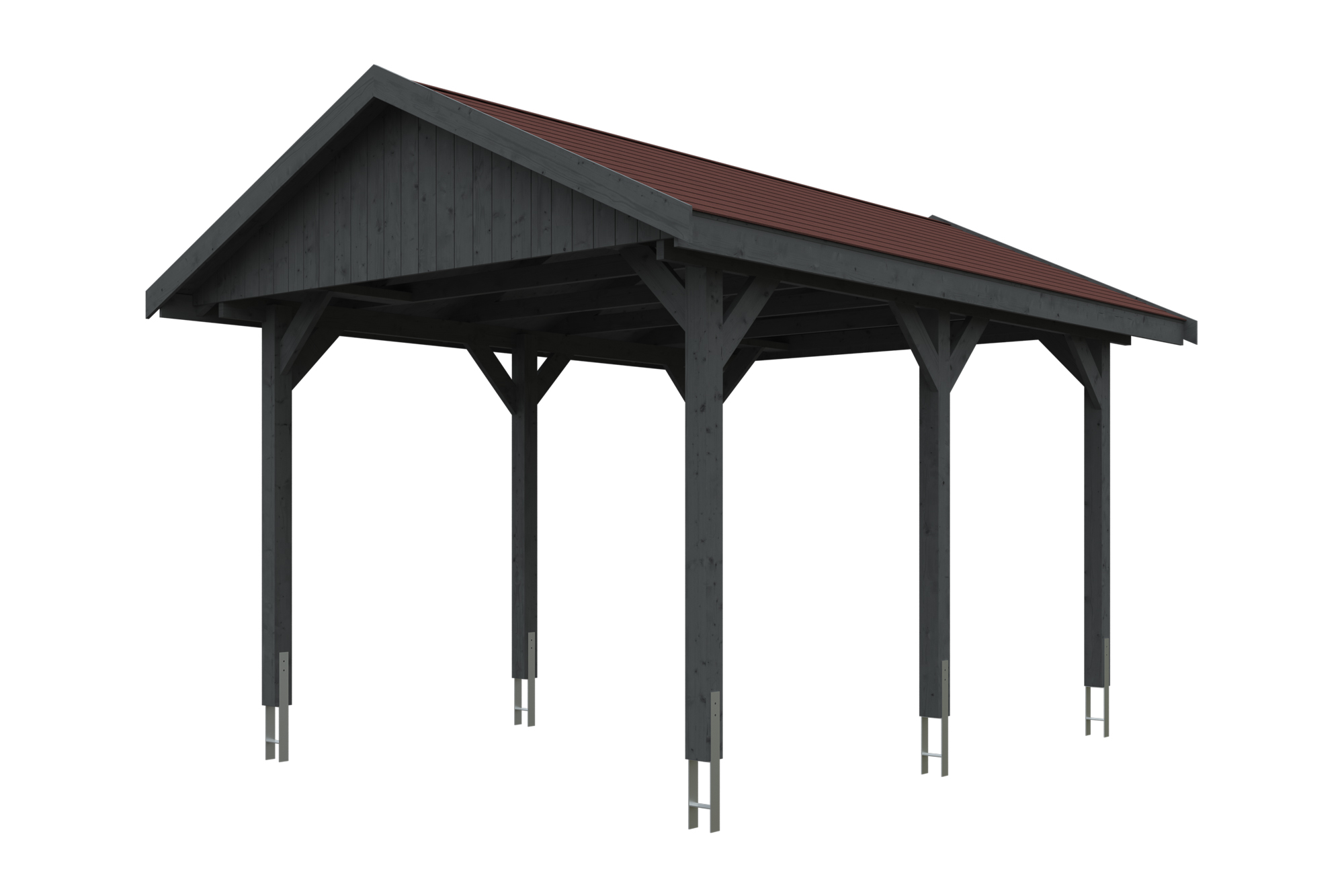 Produktbild: Carport Wallgau 380 x 500 cm, mit roten Dachschindeln, farblich behandelt in schiefergrau