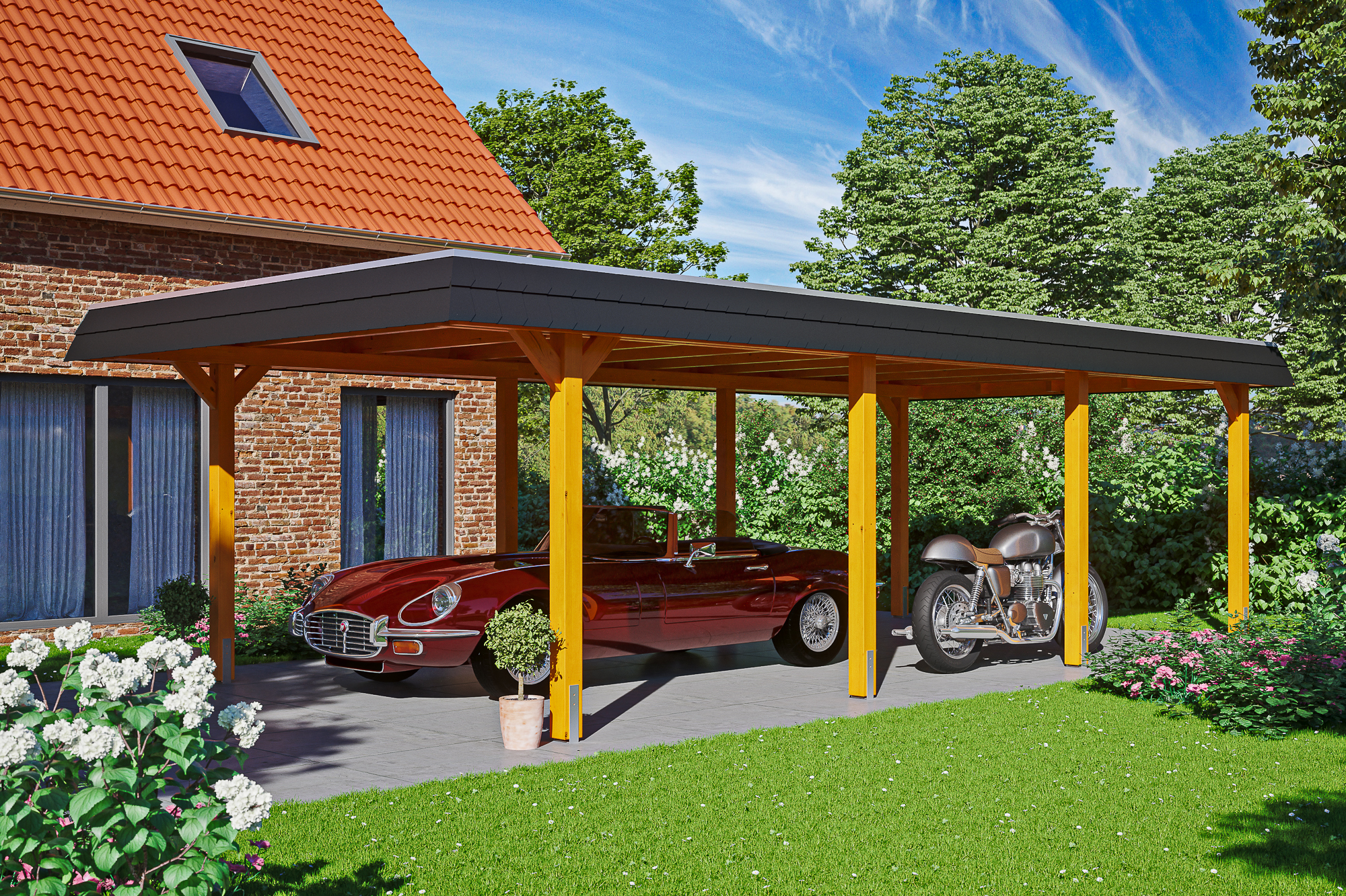 Ambientebild: Carport Wendland 409 x 870 cm, mit schwarzer Blende, farblich behandelt in eiche hell