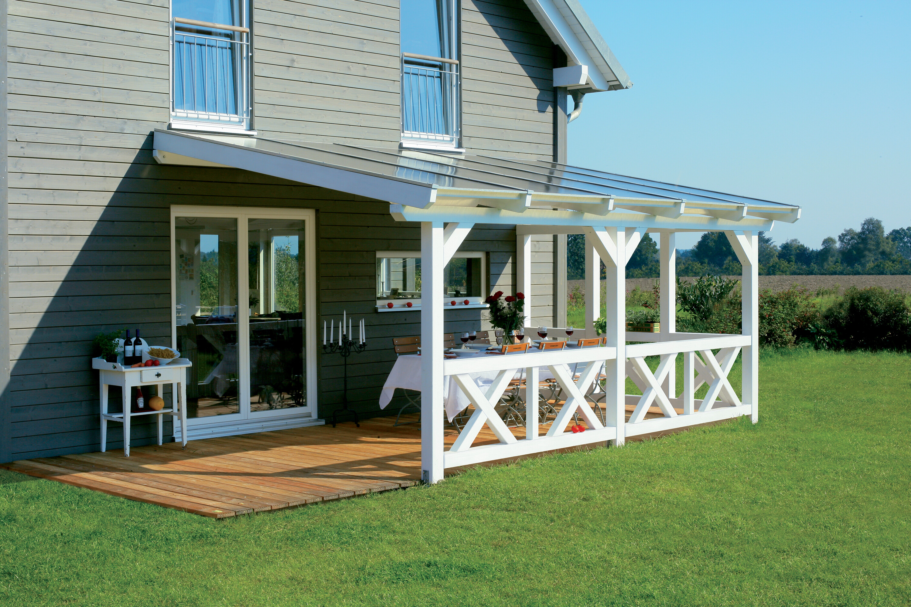 Balustrade pour l'avant 270 x 84 cm, Croix de saint André, bois d'épinette, traitement coloré gris ardoise