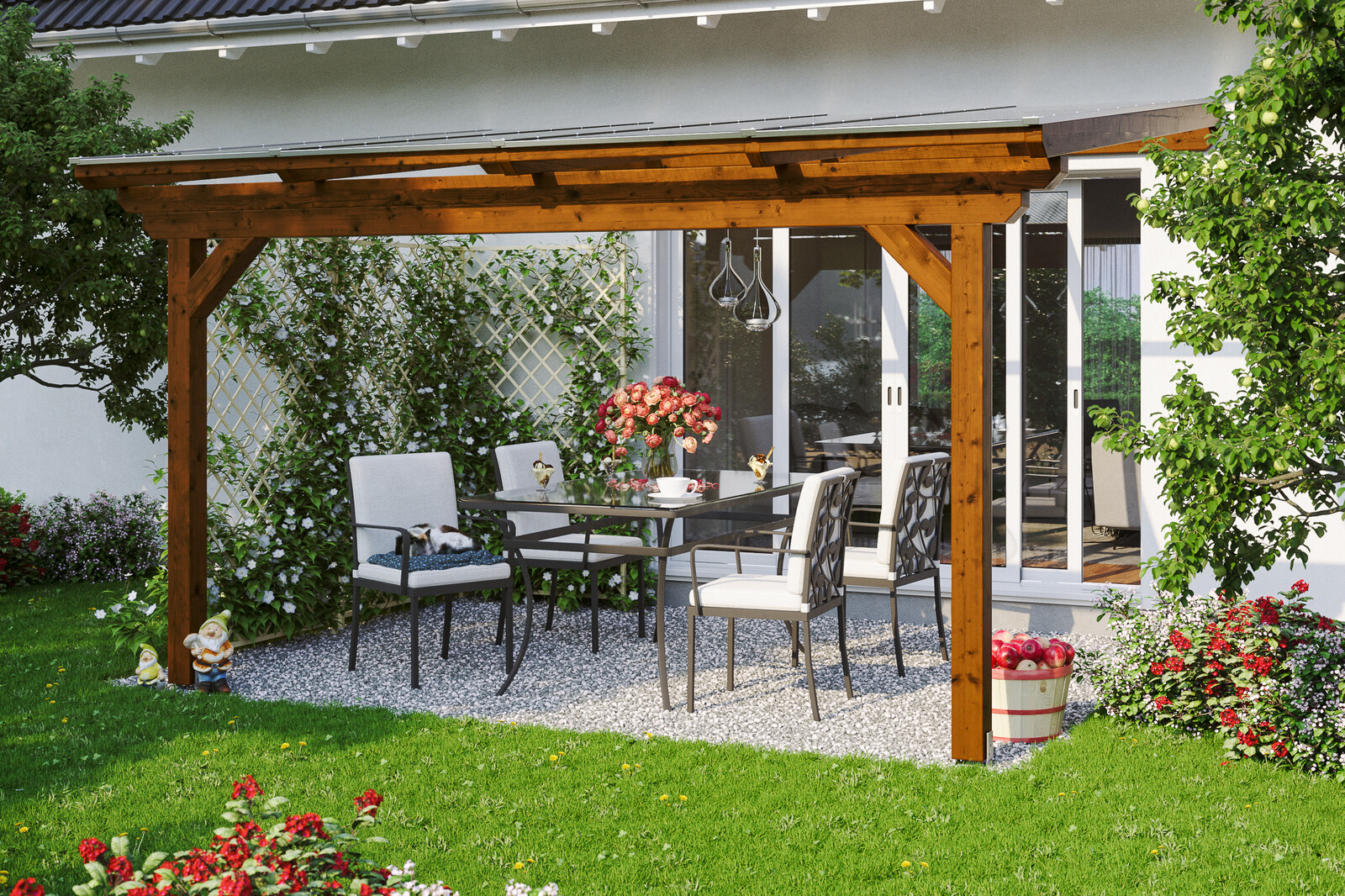 Terrace roof Ancona 434 x 400 cm, glulam, colour pre-treated walnut