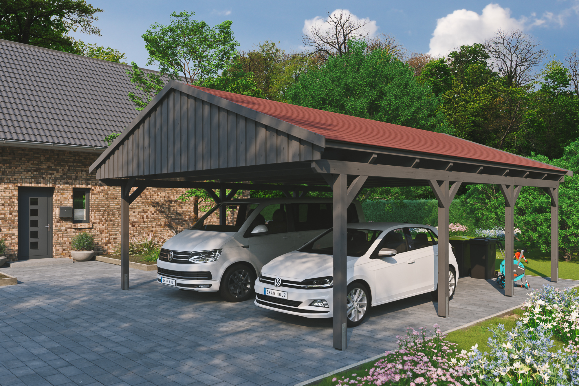 Ambientebild: Carport Fichtelberg 618 x 808 cm, farblich behandelt in schiefergrau, mit roten Dachschindeln