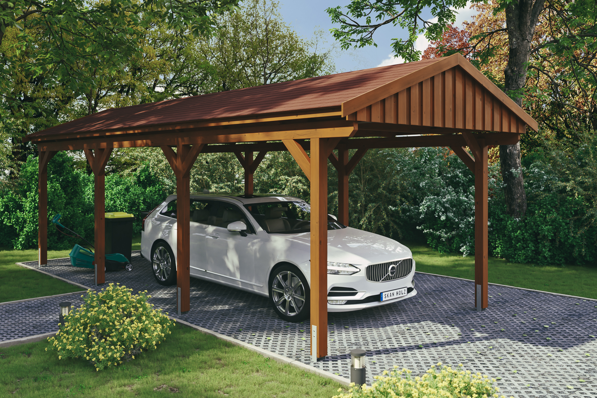Ambientebild: Carport Fichtelberg 317 x 808 cm, farblich behandelt in nussbaum, mit roten Dachschindeln