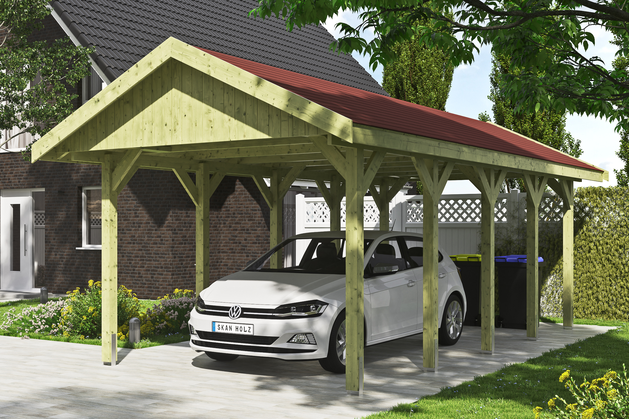 Ambientebild: Carport Wallgau 380 x 750 cm, mit roten Dachschindeln, grün imprägniert 